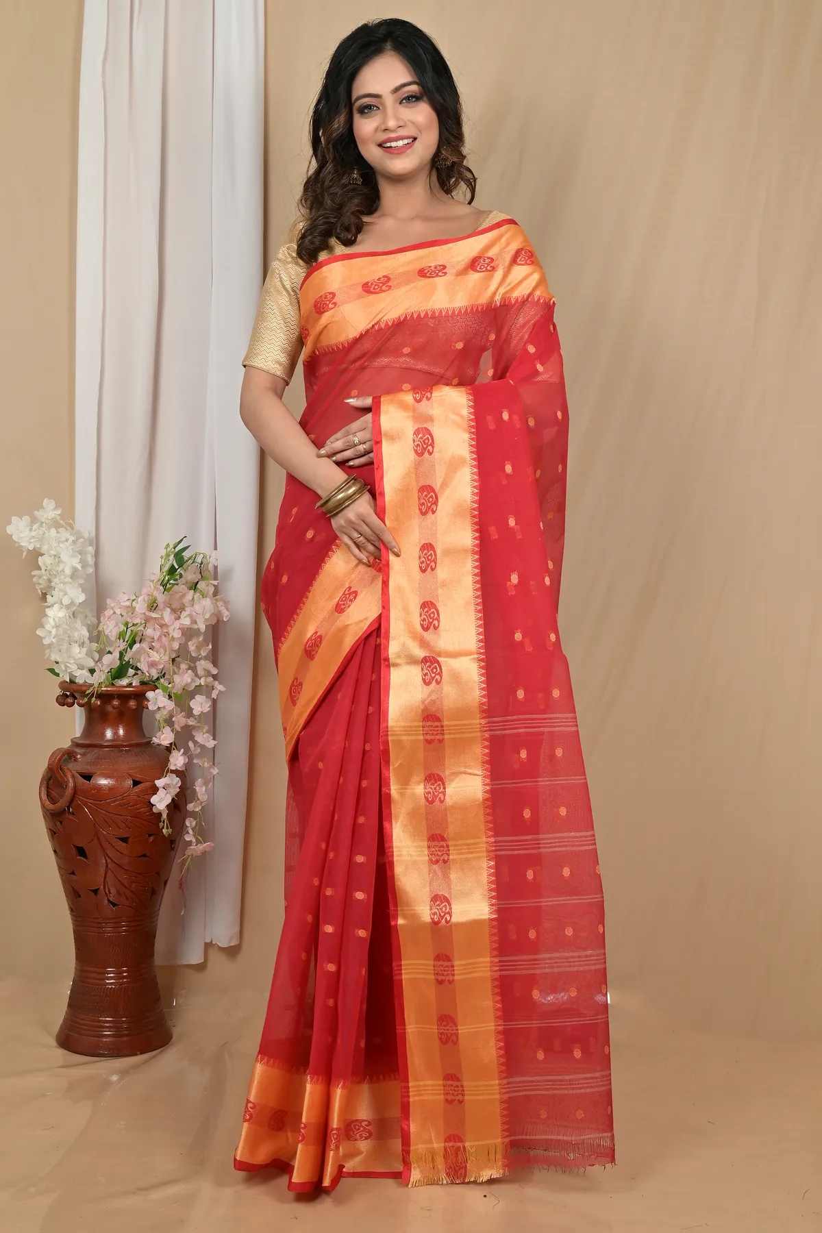 DipDiya Pure Cotton Red Gold Achma Bengal’s Tradition Tant Sarees