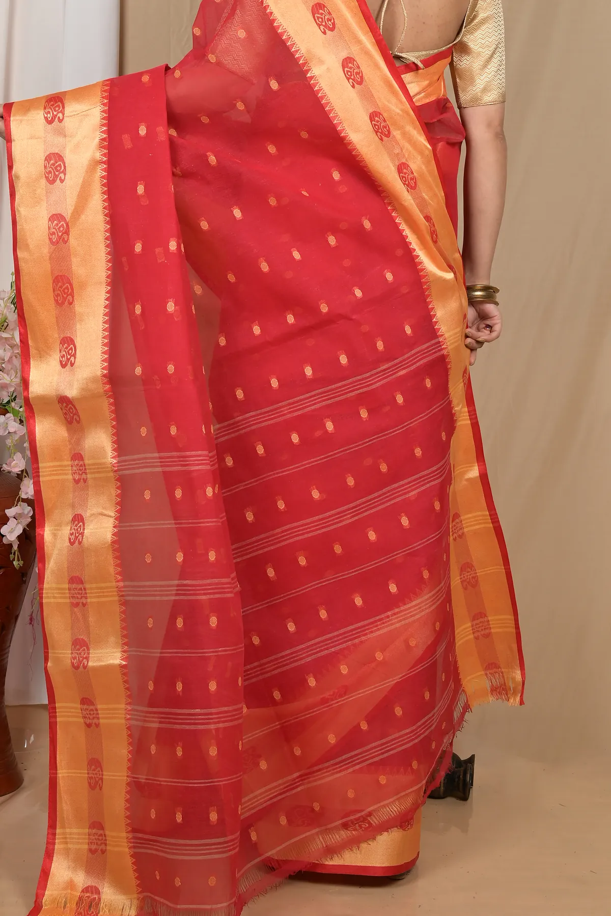DipDiya Pure Cotton Red Gold Achma Bengal’s Tradition Tant Sarees