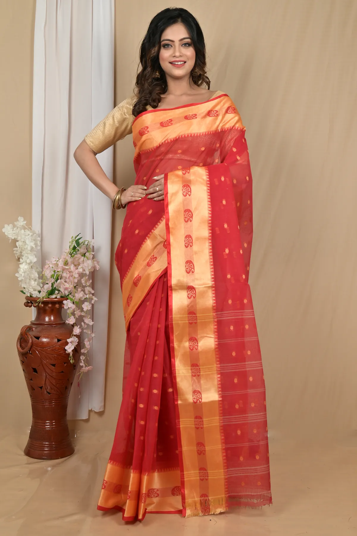 DipDiya Pure Cotton Red Gold Achma Bengal’s Tradition Tant Sarees