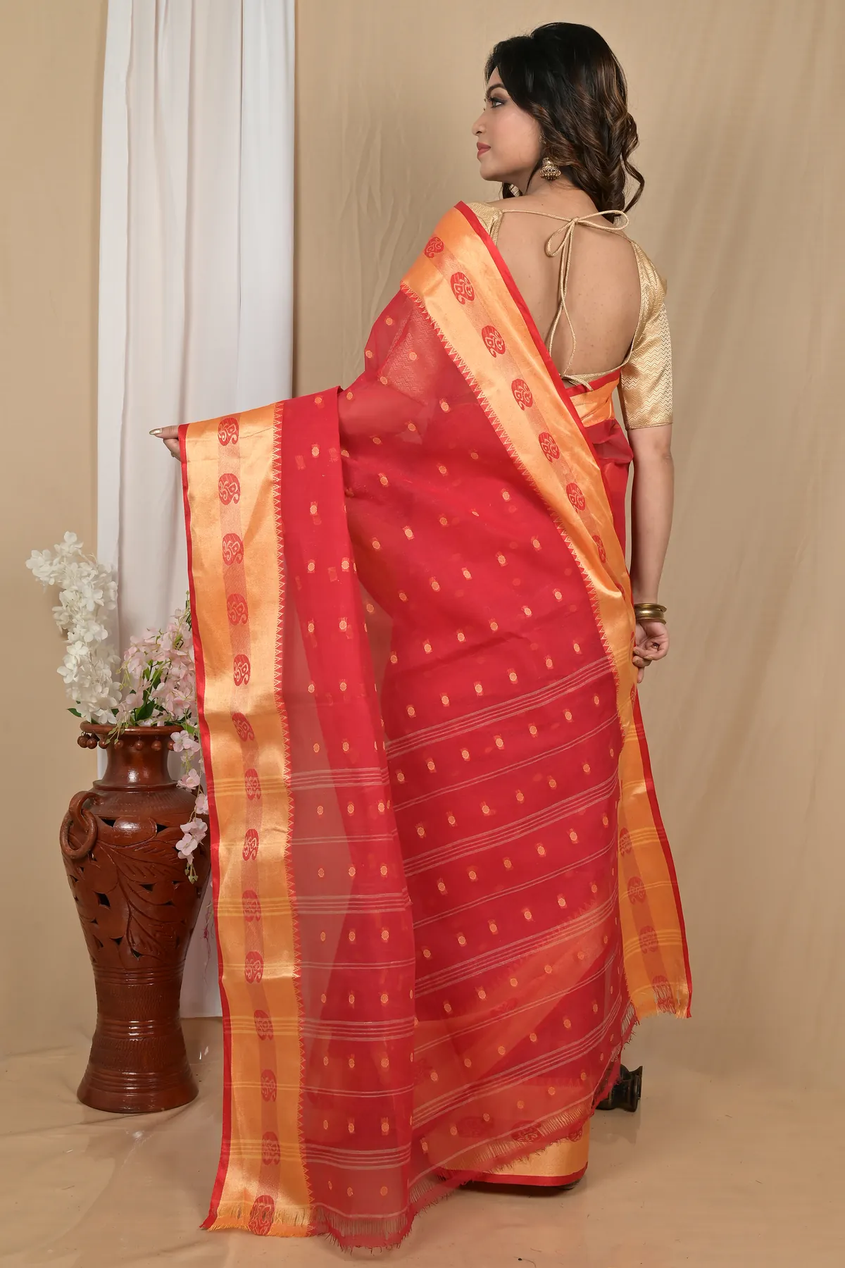 DipDiya Pure Cotton Red Gold Achma Bengal’s Tradition Tant Sarees