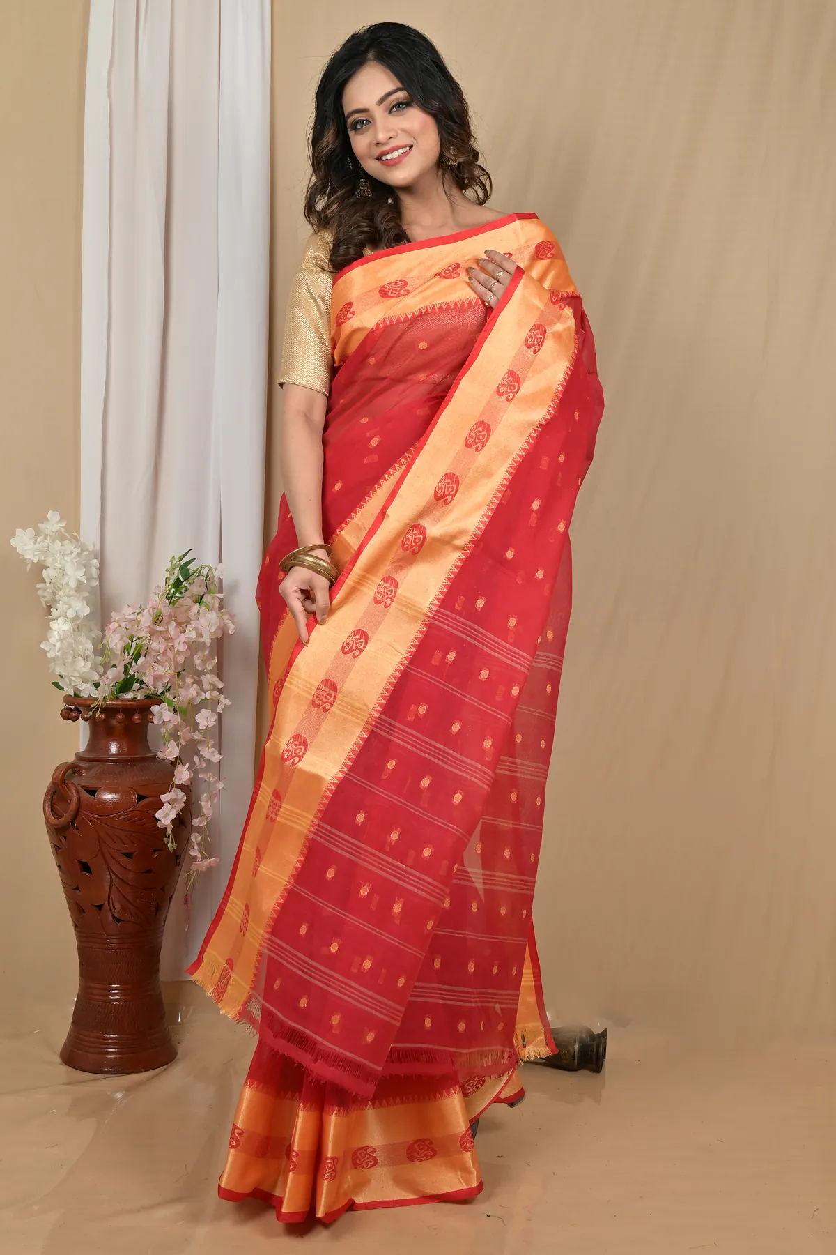 DipDiya Pure Cotton Red Gold Achma Bengal’s Tradition Tant Sarees