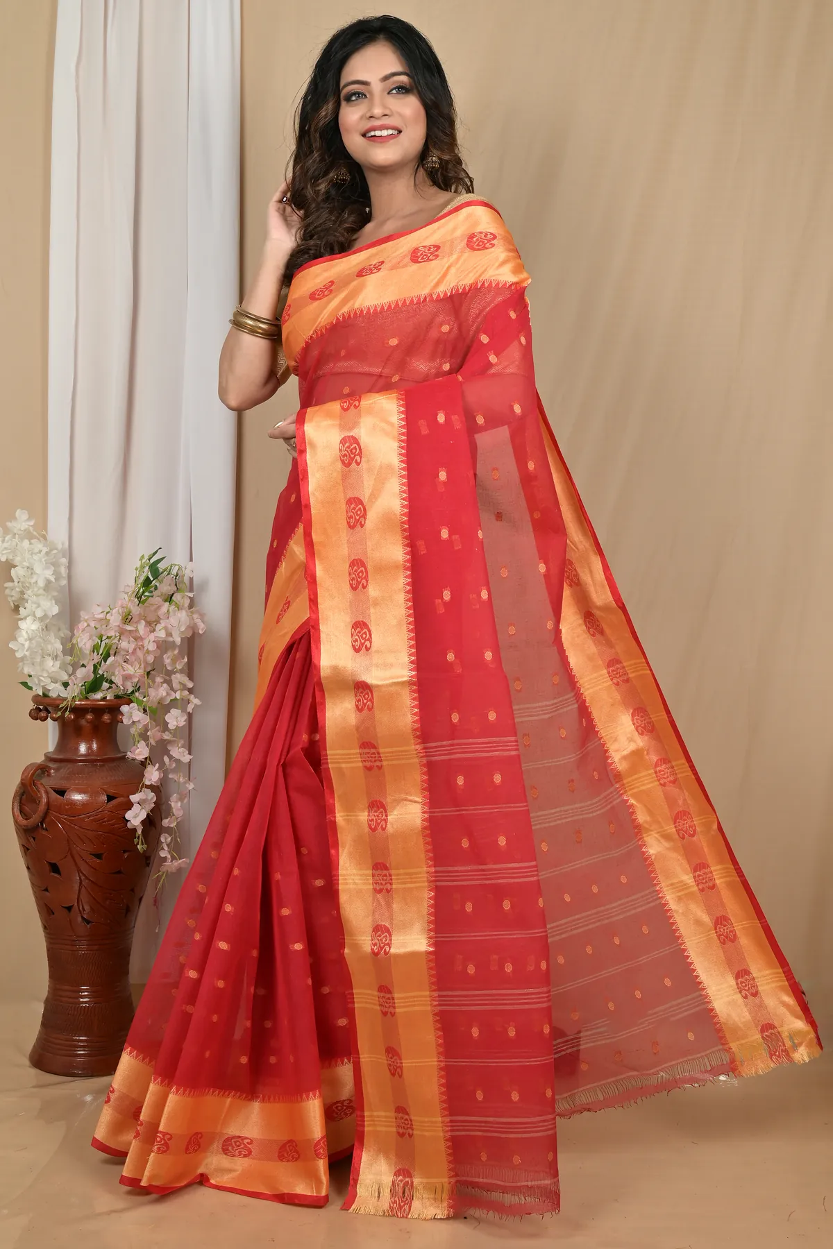 DipDiya Pure Cotton Red Gold Achma Bengal’s Tradition Tant Sarees