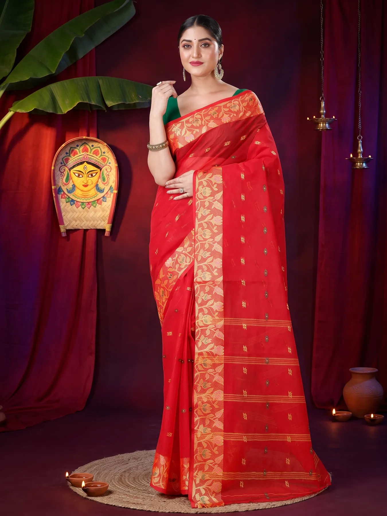 DipDiya Pure Cotton Red Gopika Grace of Bengal Tant Sarees