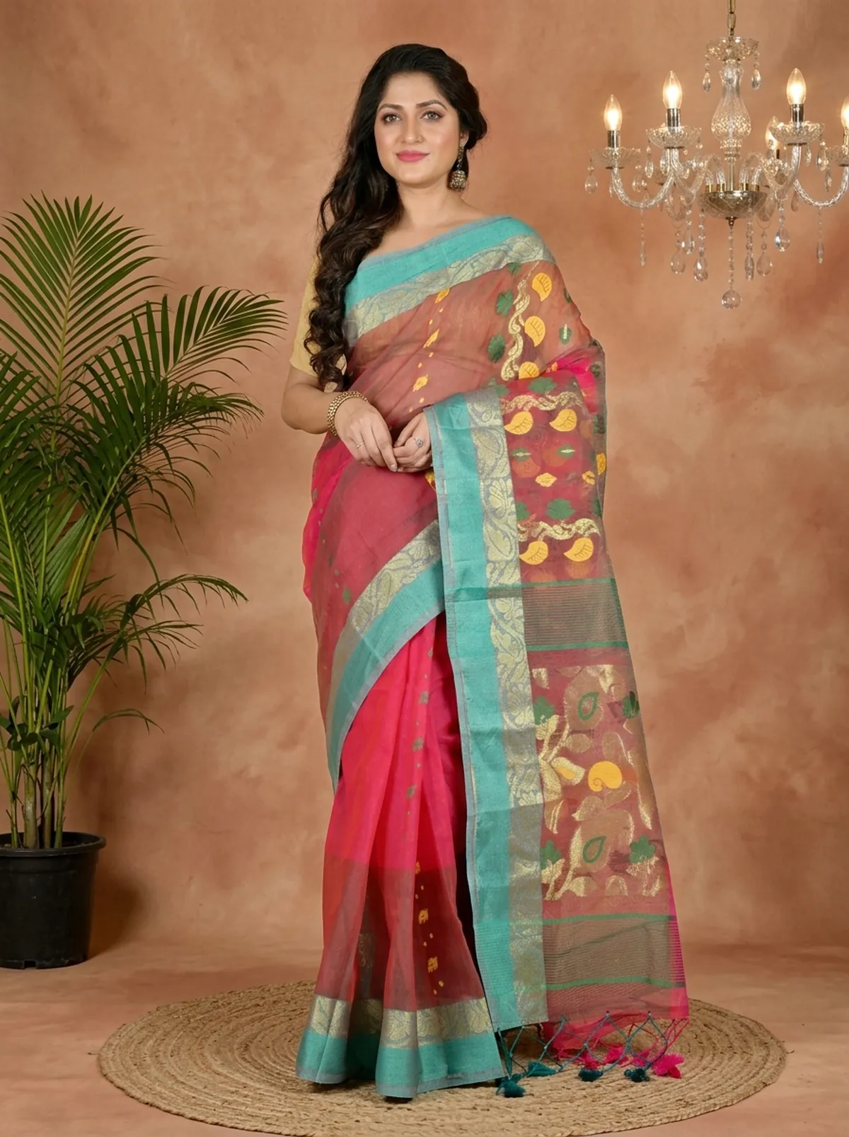 DipDiya Pure Cotton Red Green Madhka Classic Bengali Tant Sarees
