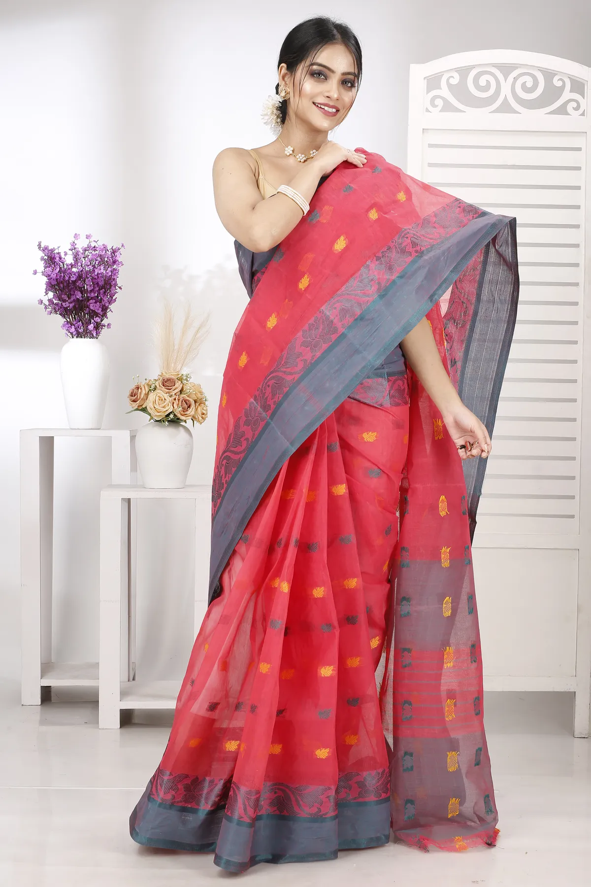 DipDiya Pure Cotton Red Guti Heritage Elegance Tant Sarees