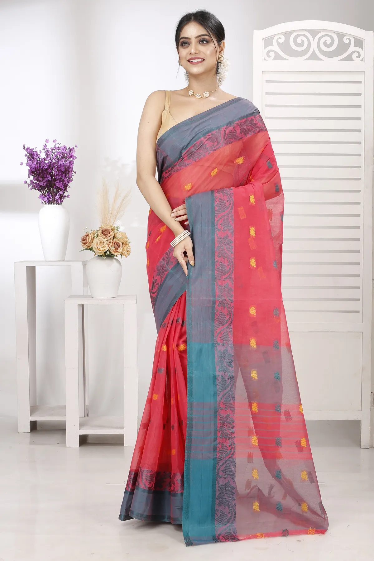 DipDiya Pure Cotton Red Guti Heritage Elegance Tant Sarees