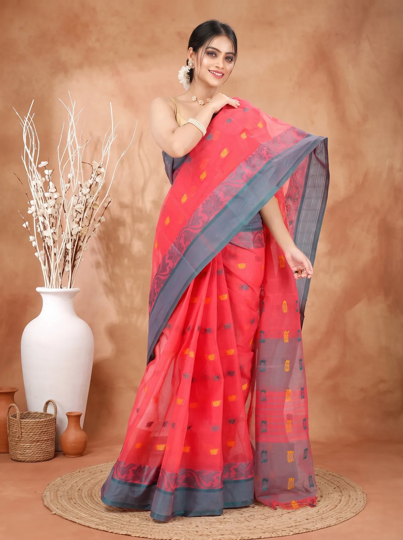 DipDiya Pure Cotton Red Guti Heritage Elegance Tant Sarees