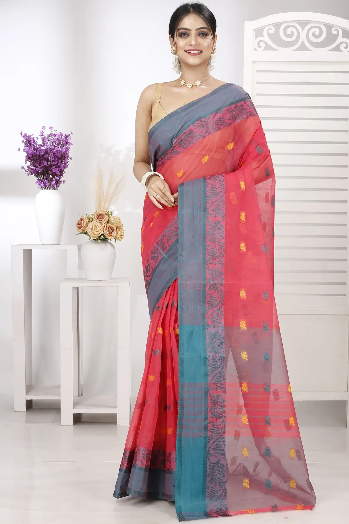 DipDiya Pure Cotton Red Guti Heritage Elegance Tant Sarees