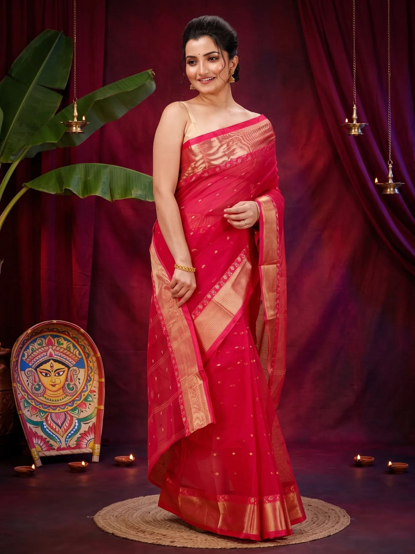 DipDiya Pure Cotton Red JoriPar Pure Bengali Grace Tant Sarees