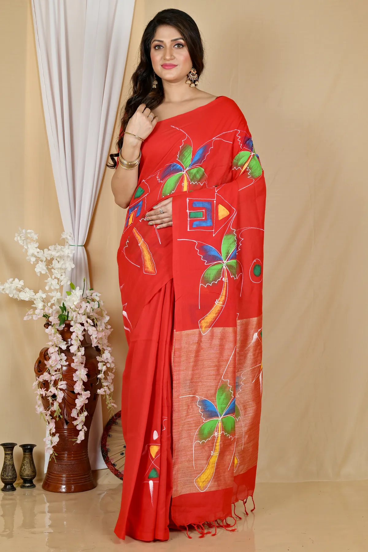 DipDiya Pure Cotton Red Keshaka Timeless Elegance Hand Painted Sarees