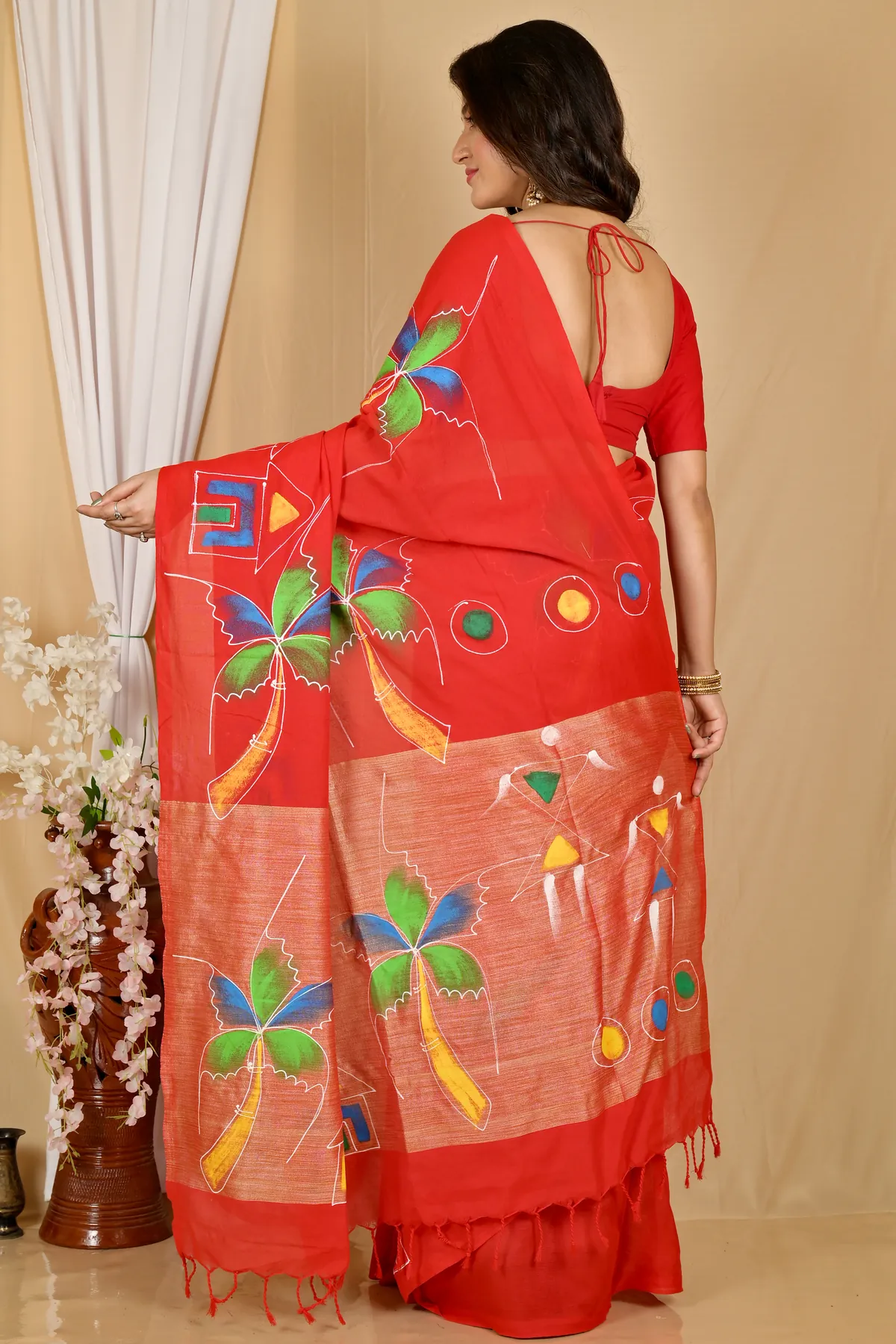 DipDiya Pure Cotton Red Keshaka Timeless Elegance Hand Painted Sarees