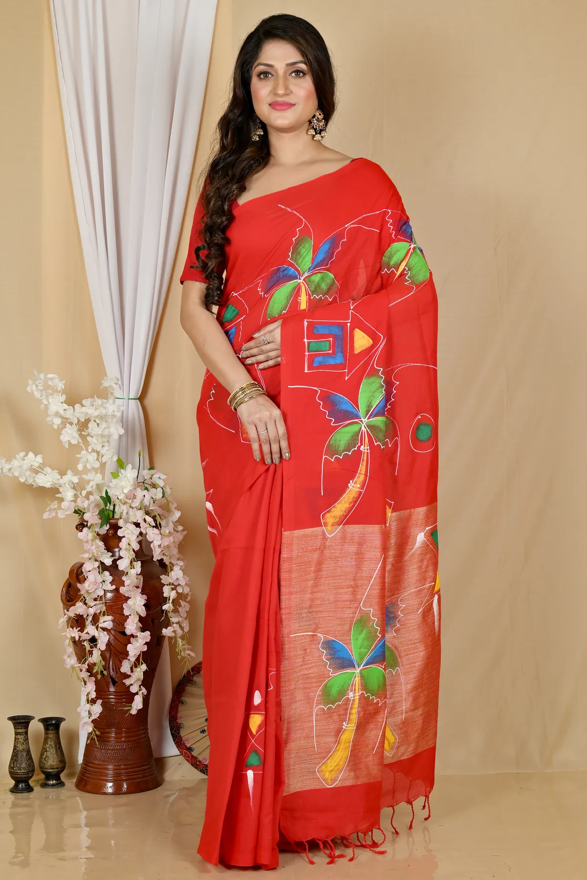 DipDiya Pure Cotton Red Keshaka Timeless Elegance Hand Painted Sarees