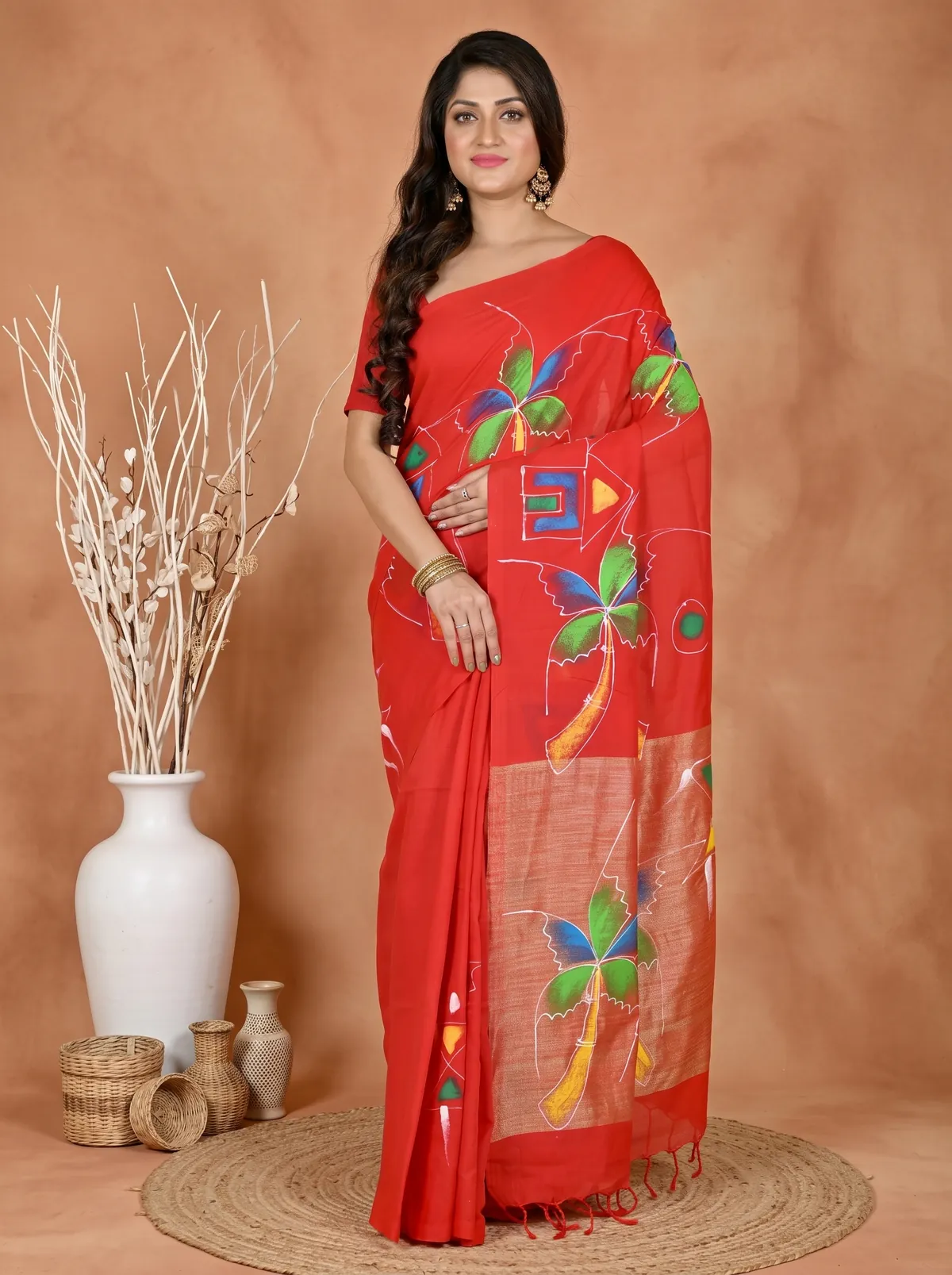 DipDiya Pure Cotton Red Keshaka Timeless Elegance Hand Painted Sarees