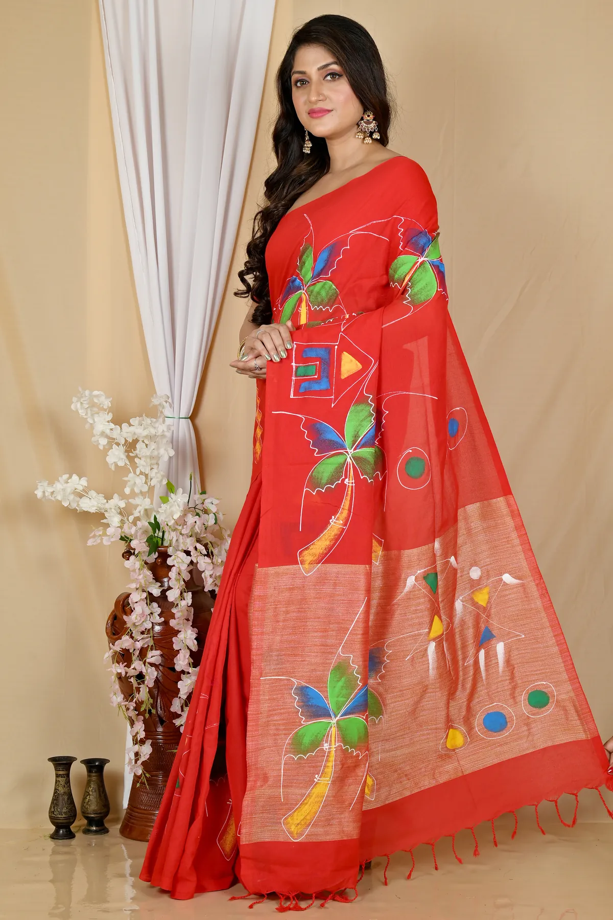 DipDiya Pure Cotton Red Keshaka Timeless Elegance Hand Painted Sarees