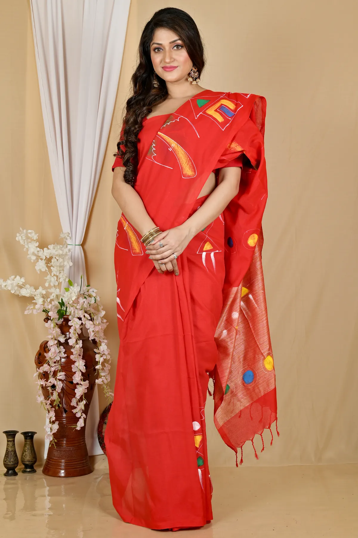 DipDiya Pure Cotton Red Keshaka Timeless Elegance Hand Painted Sarees