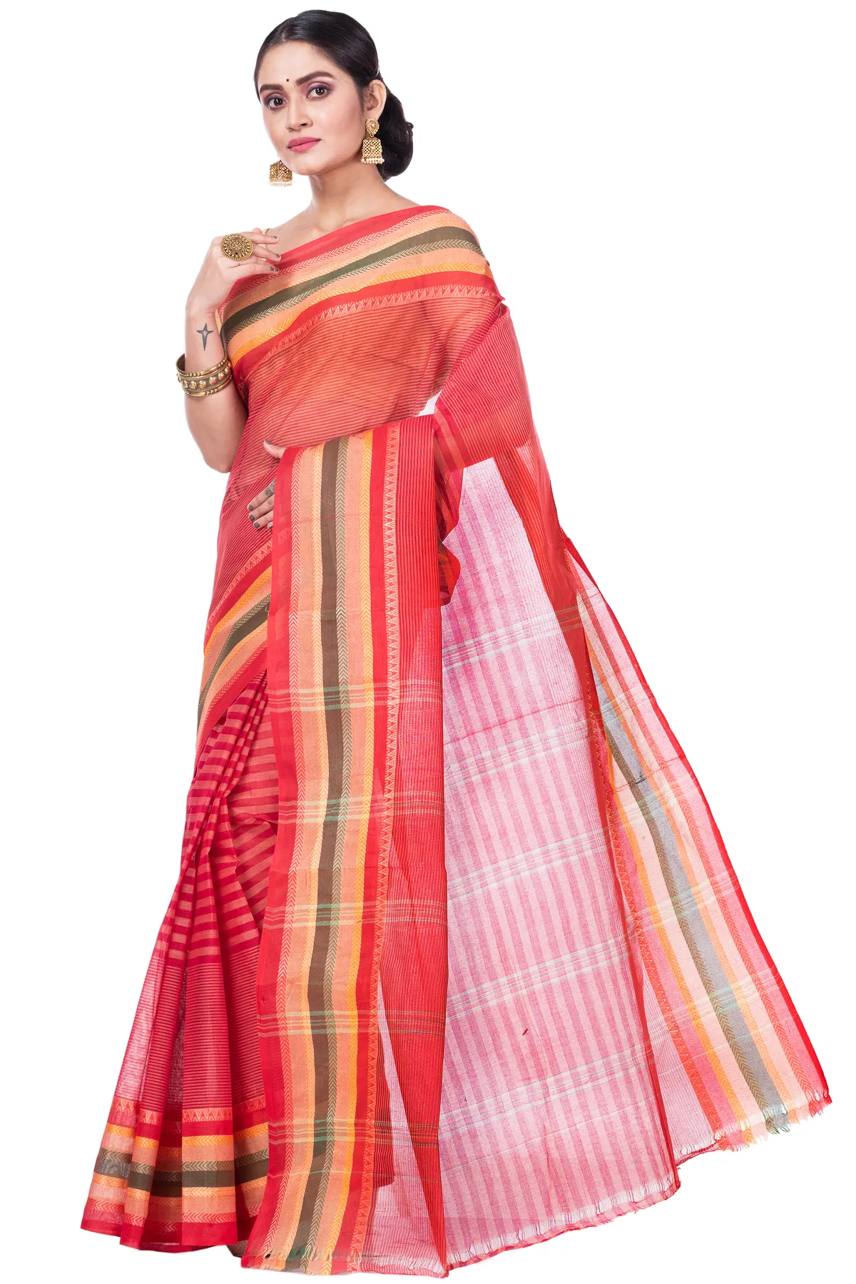DipDiya Pure Cotton Red Khajur Churi Strip Heritage You Can Wear Tant Sarees