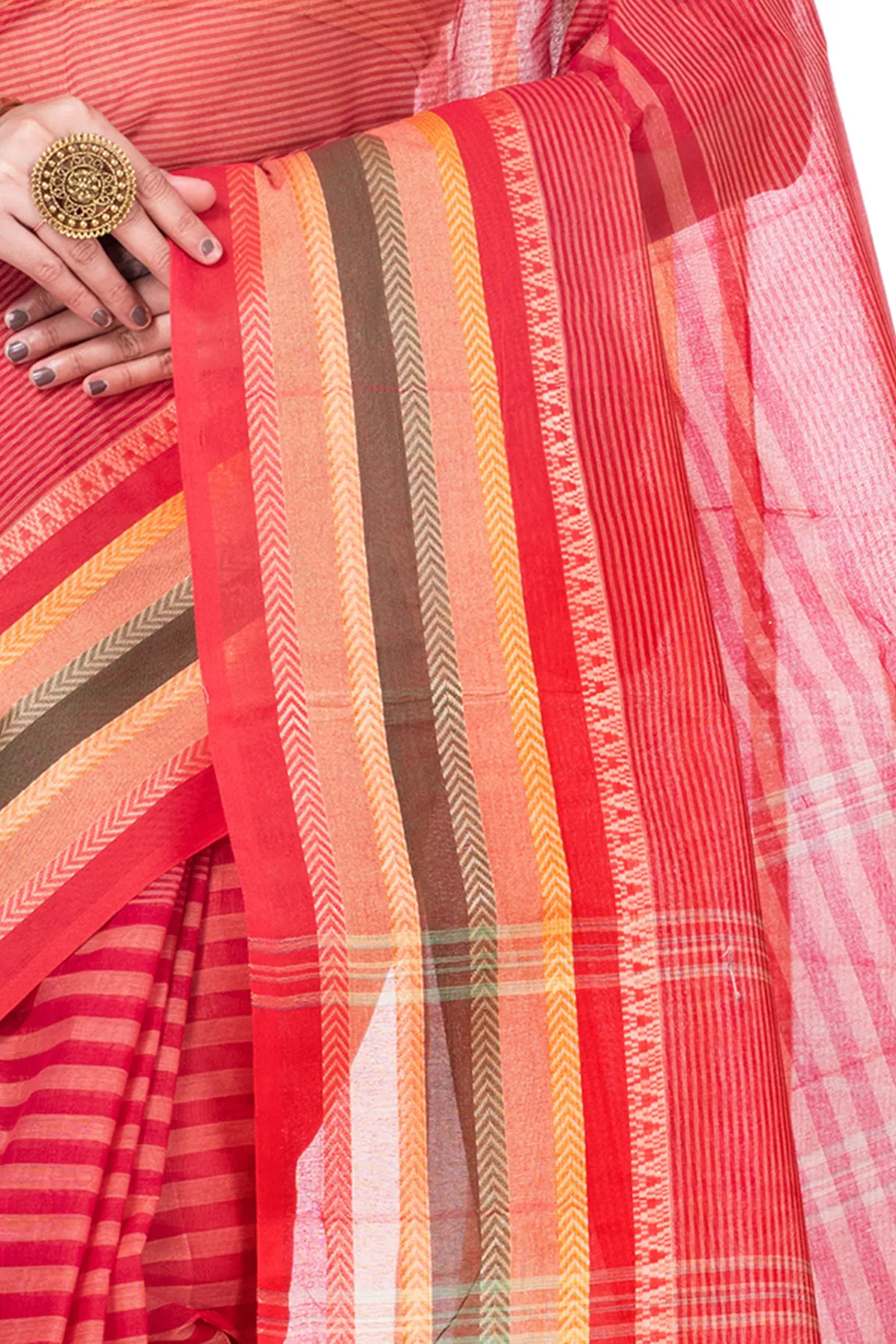 DipDiya Pure Cotton Red Khajur Churi Strip Heritage You Can Wear Tant Sarees