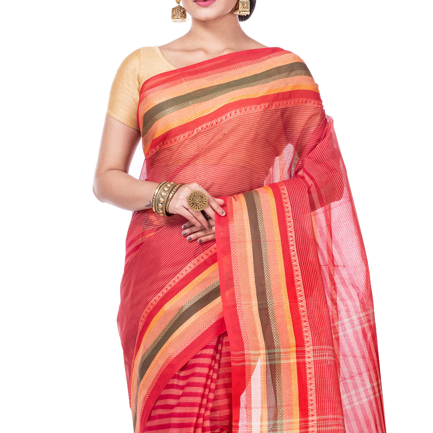 DipDiya Pure Cotton Red Khajur Churi Strip Heritage You Can Wear Tant Sarees
