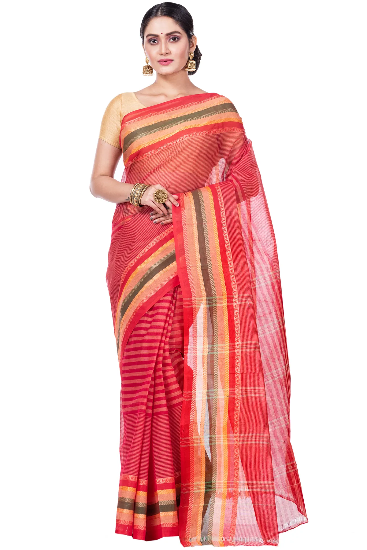 DipDiya Pure Cotton Red Khajur Churi Strip Heritage You Can Wear Tant Sarees