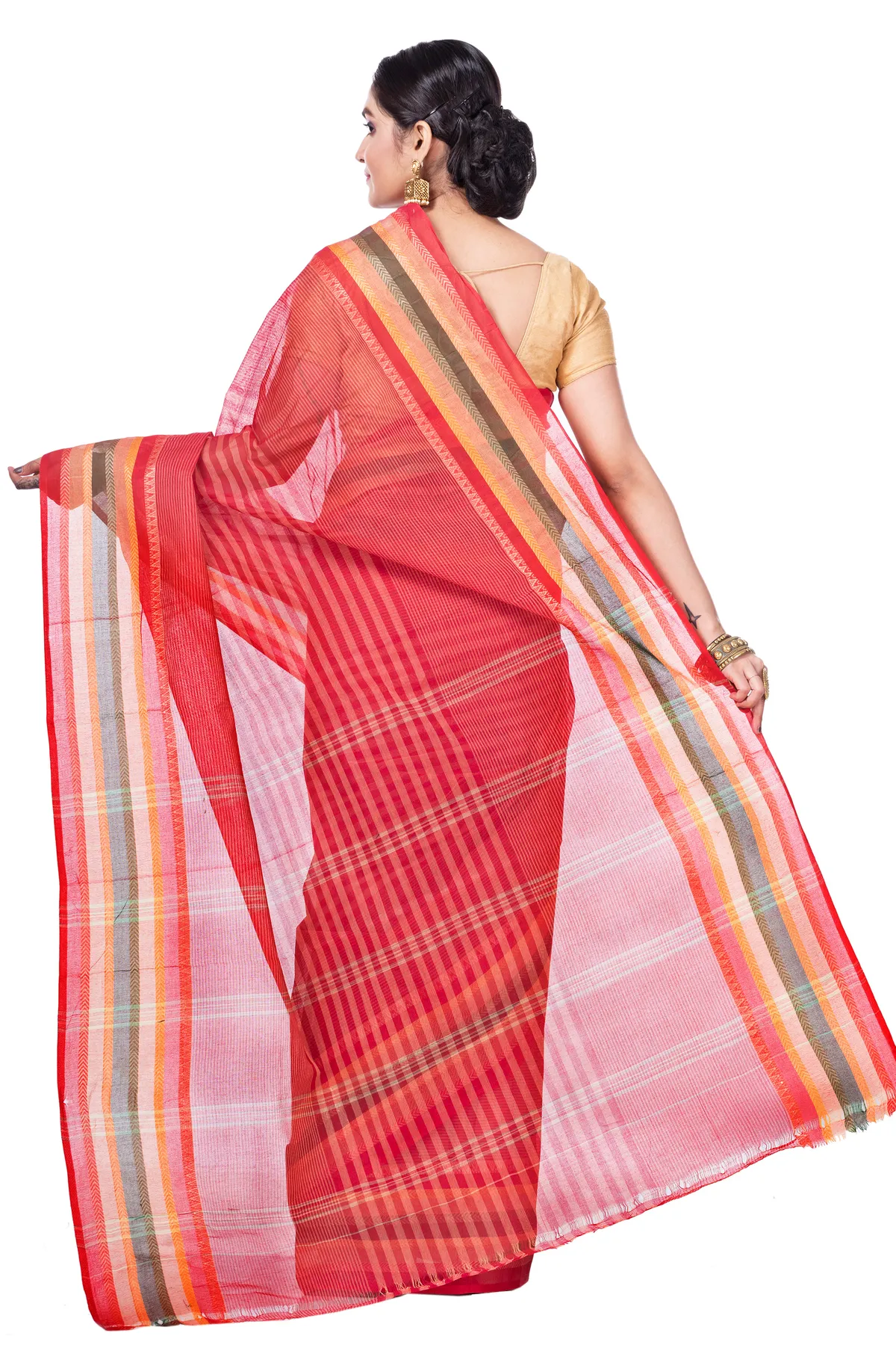 DipDiya Pure Cotton Red Khajur Churi Strip Heritage You Can Wear Tant Sarees