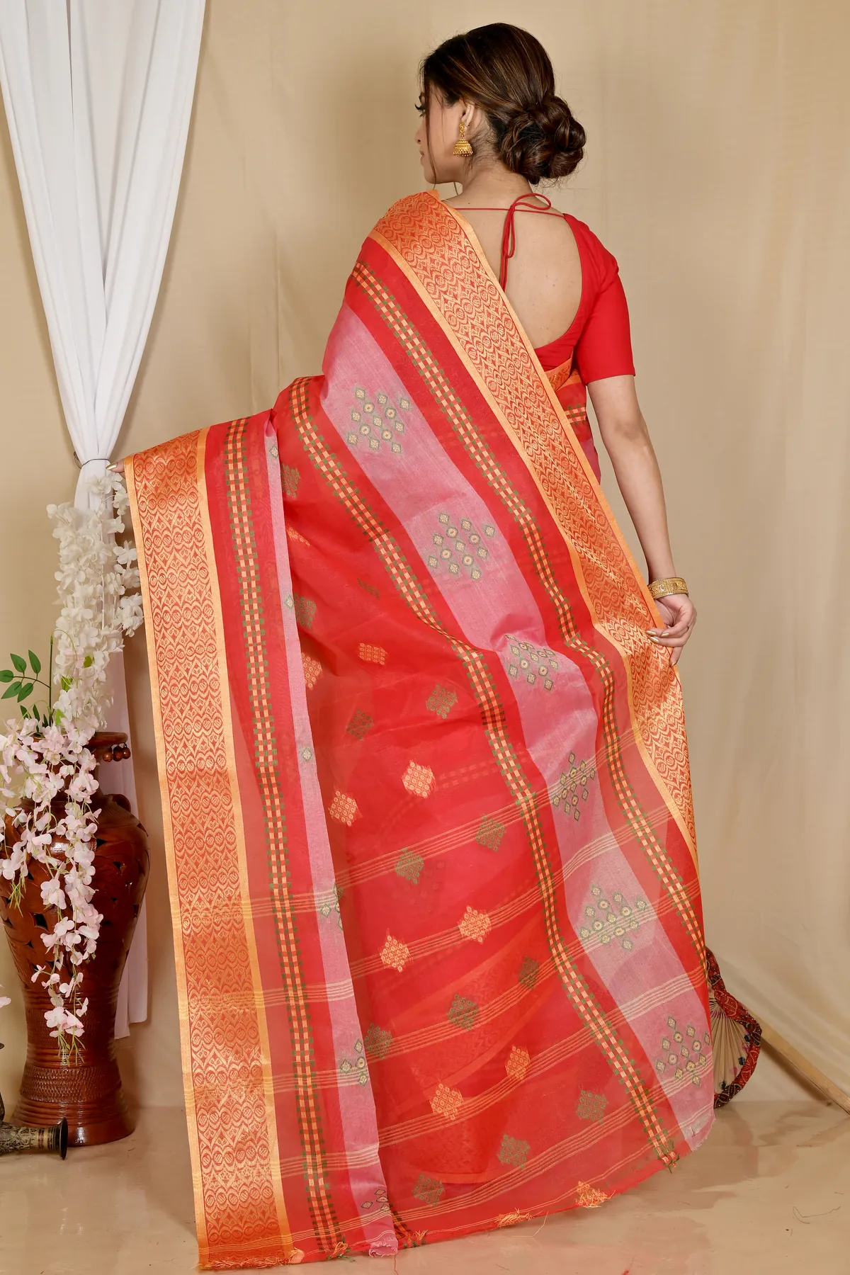 DipDiya Pure Cotton Red Krita Traditional Bengali Tant Sarees