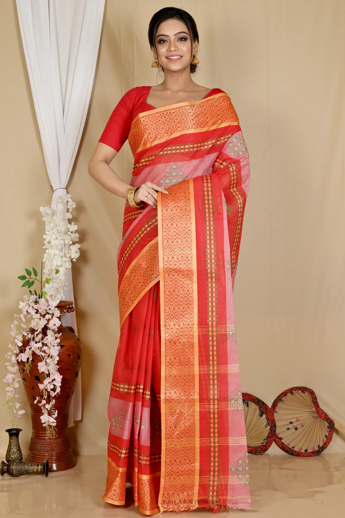 DipDiya Pure Cotton Red Krita Traditional Bengali Tant Sarees
