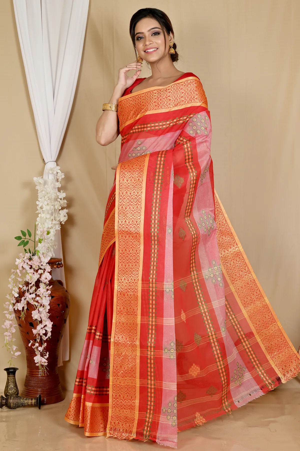 DipDiya Pure Cotton Red Krita Traditional Bengali Tant Sarees