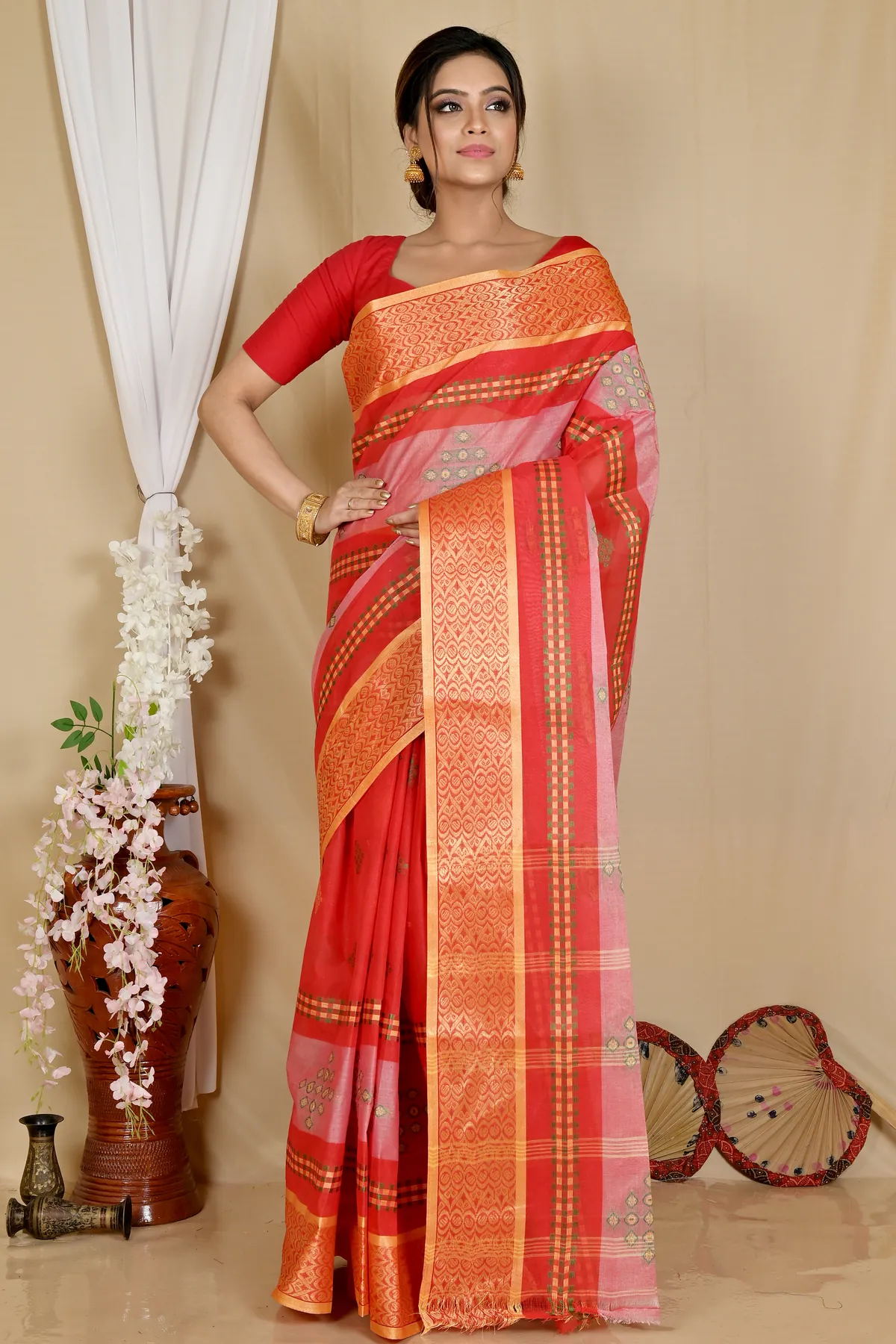 DipDiya Pure Cotton Red Krita Traditional Bengali Tant Sarees