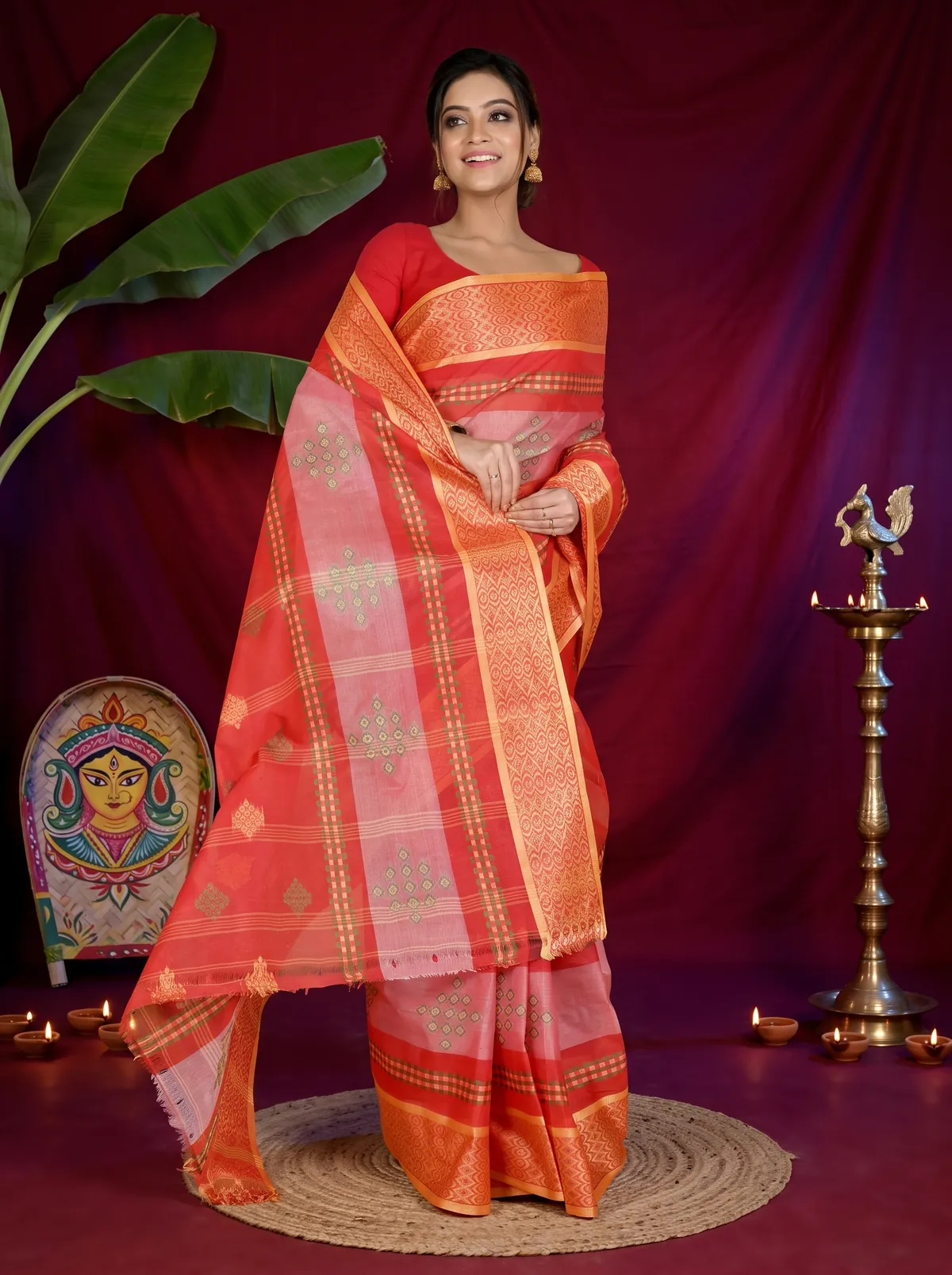DipDiya Pure Cotton Red Krita Traditional Bengali Tant Sarees
