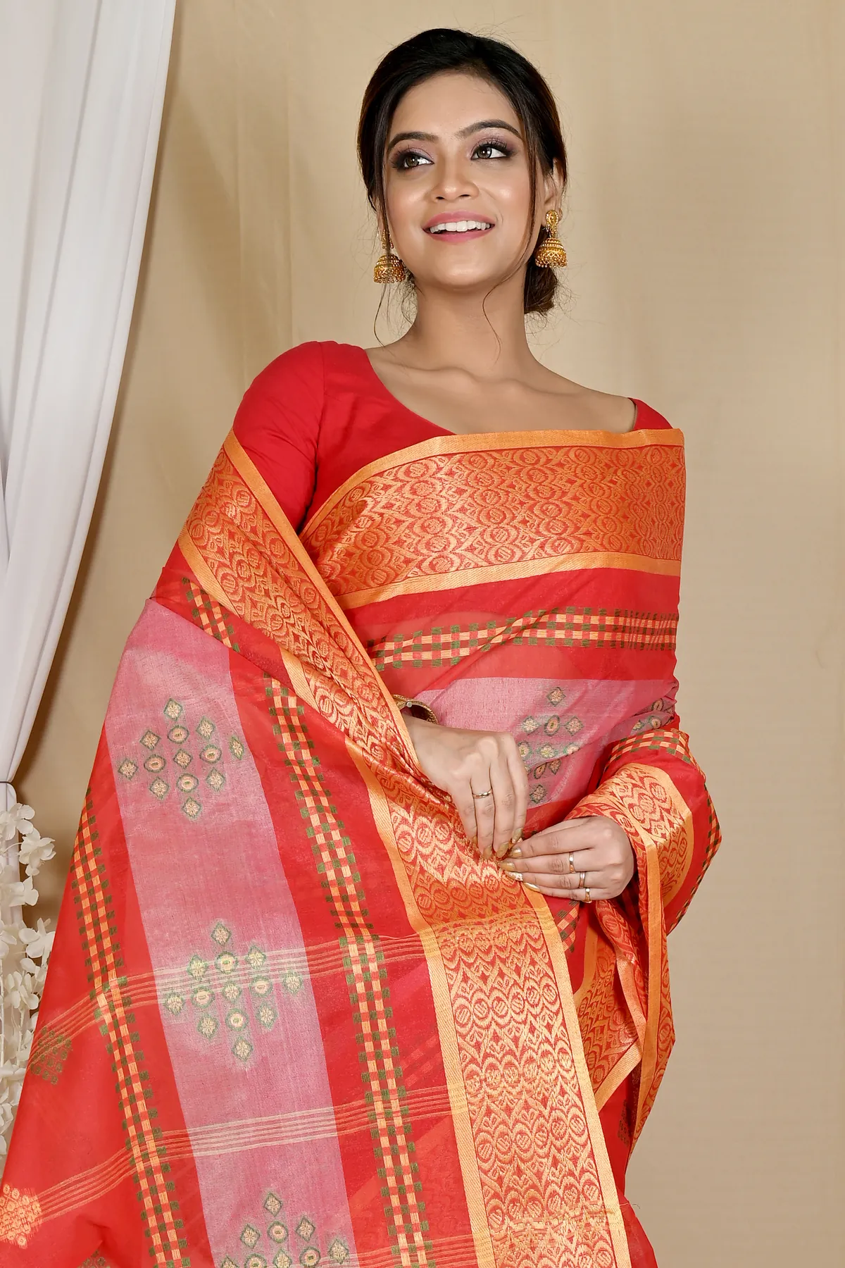 DipDiya Pure Cotton Red Krita Traditional Bengali Tant Sarees