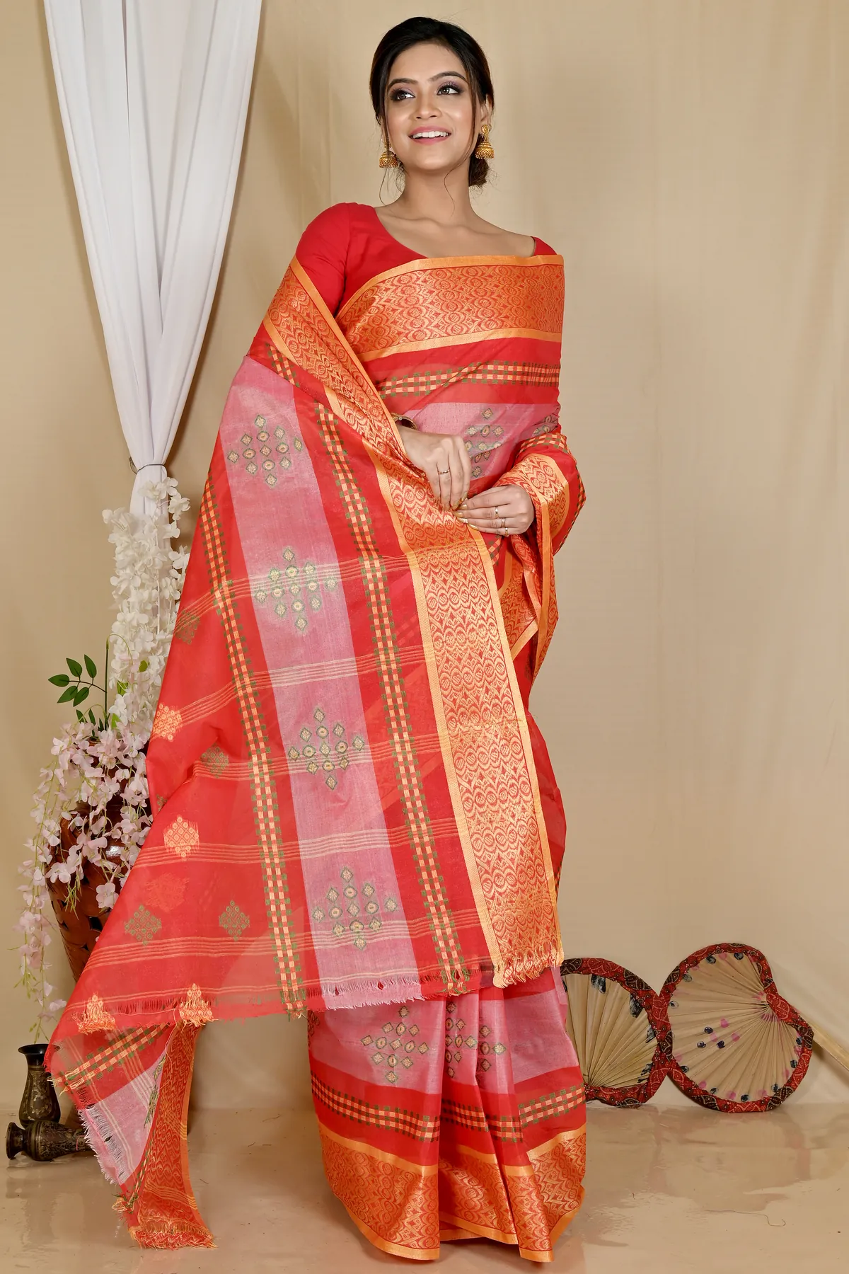 DipDiya Pure Cotton Red Krita Traditional Bengali Tant Sarees