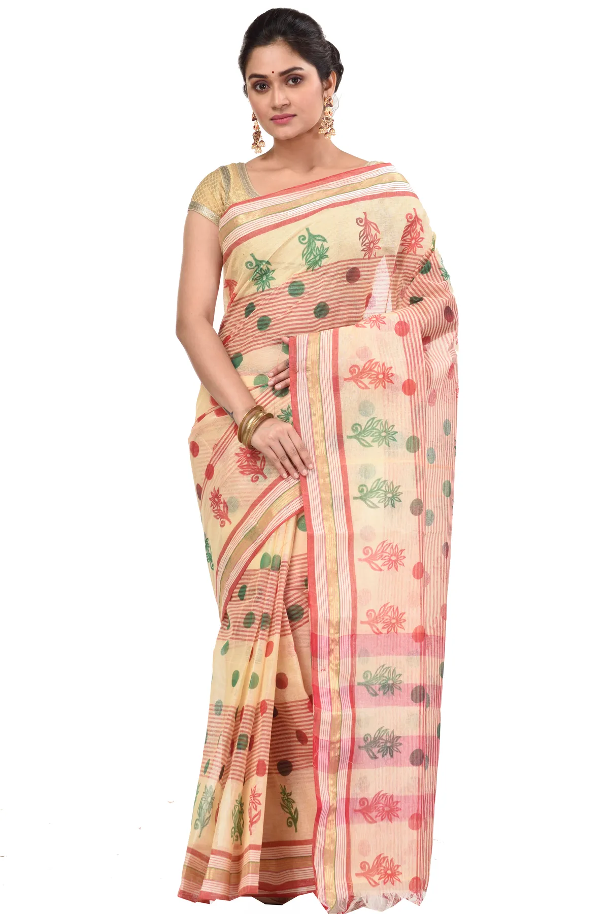 DipDiya Pure Cotton Red Matha Saree Handcrafted Elegance Printed Tant Sarees