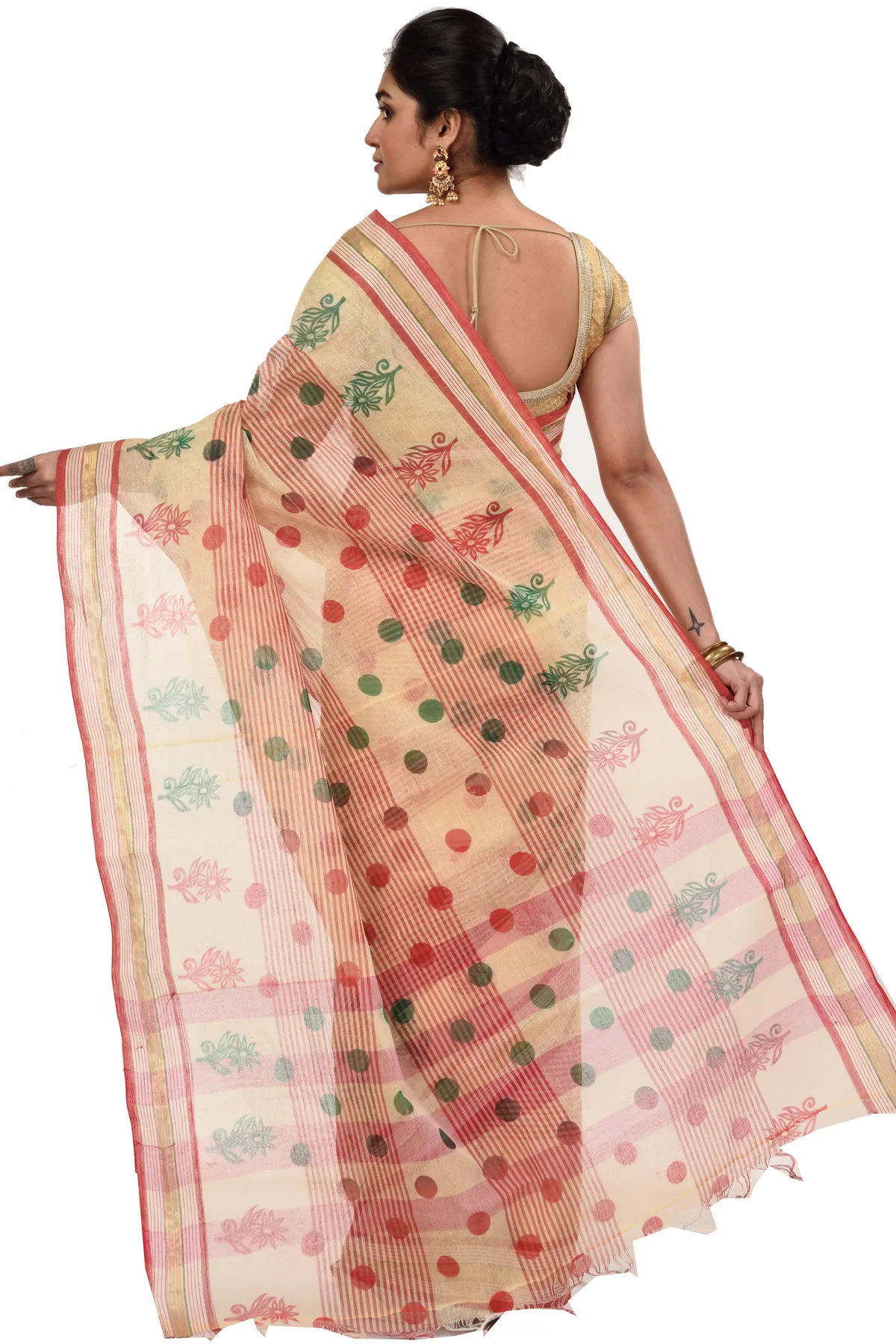 DipDiya Pure Cotton Red Matha Saree Handcrafted Elegance Printed Tant Sarees