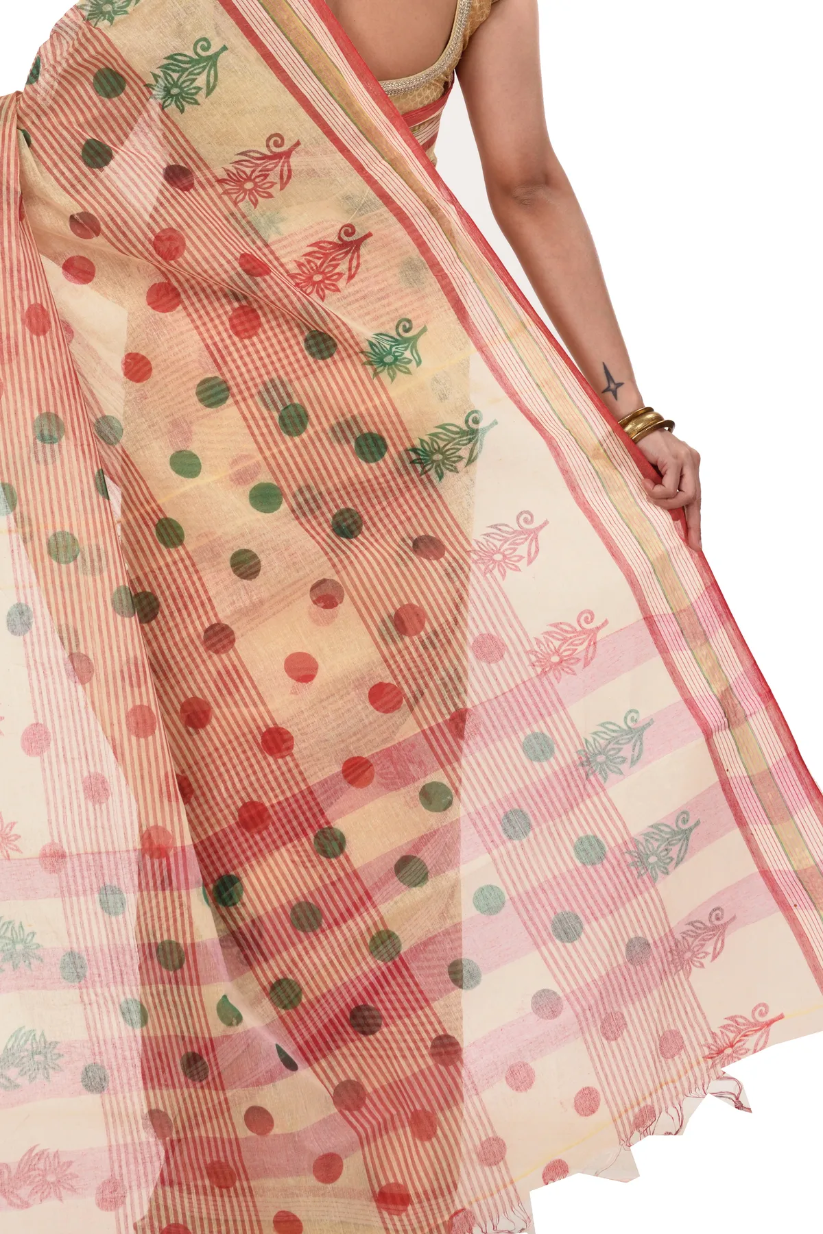 DipDiya Pure Cotton Red Matha Saree Handcrafted Elegance Printed Tant Sarees