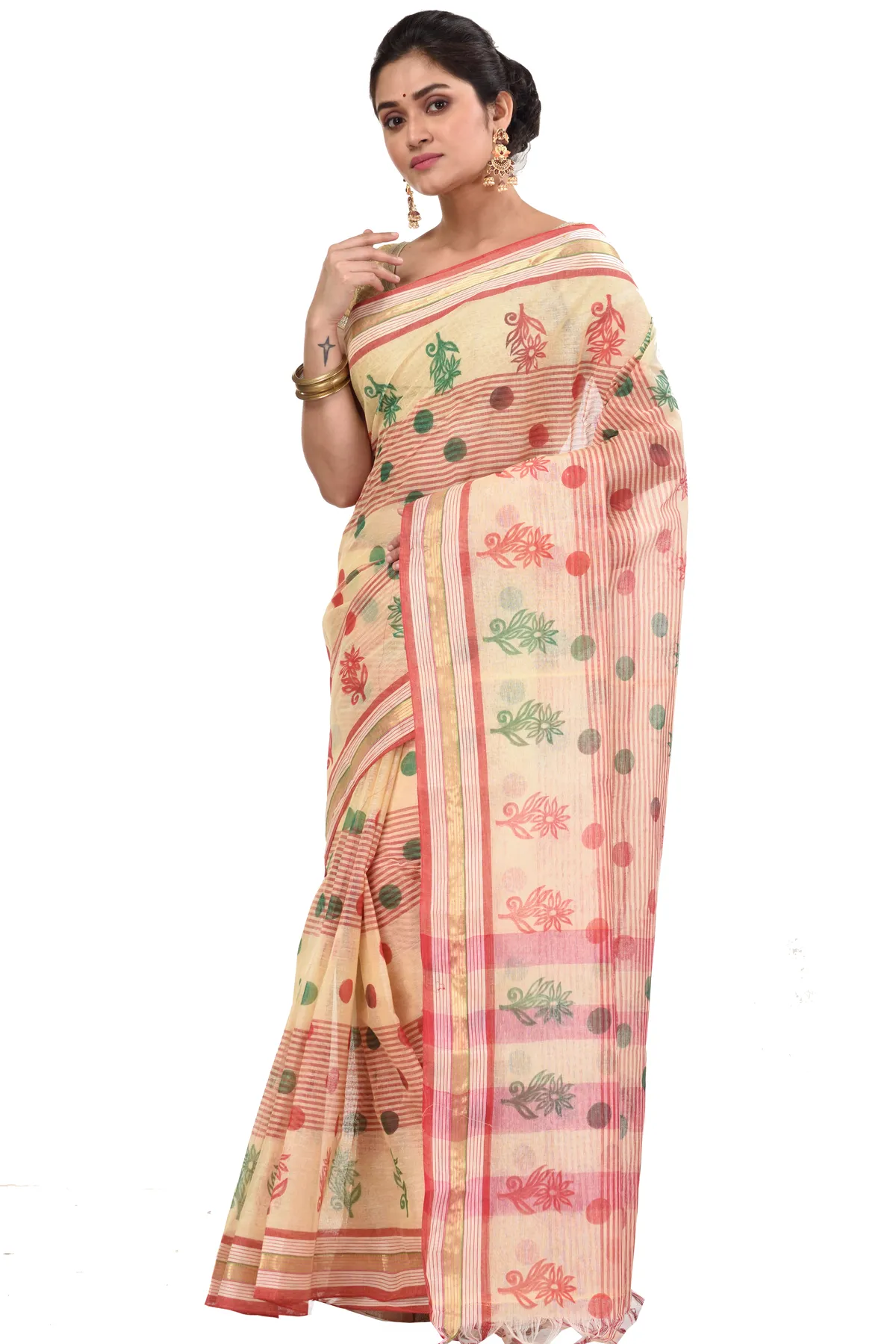 DipDiya Pure Cotton Red Matha Saree Handcrafted Elegance Printed Tant Sarees
