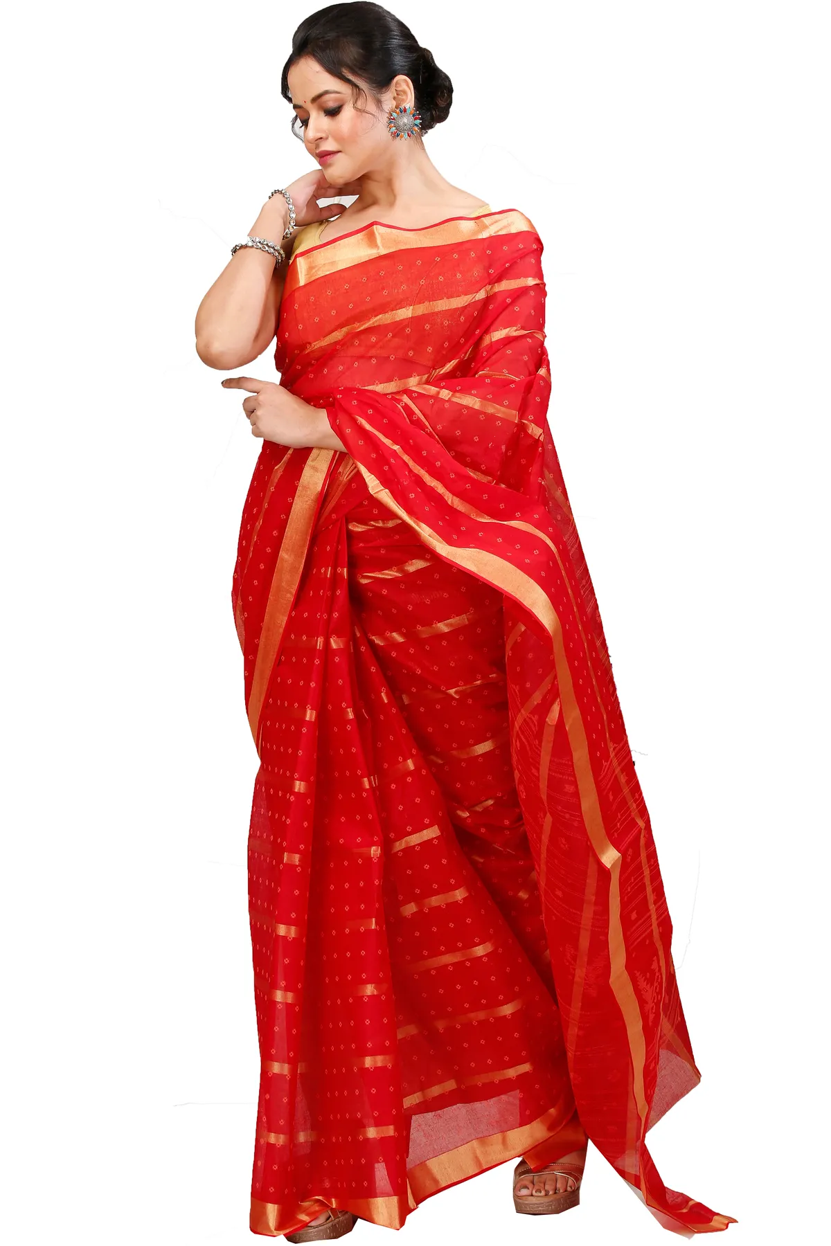 DipDiya Pure Cotton Red Mera Crafted by Artisans Tant Sarees