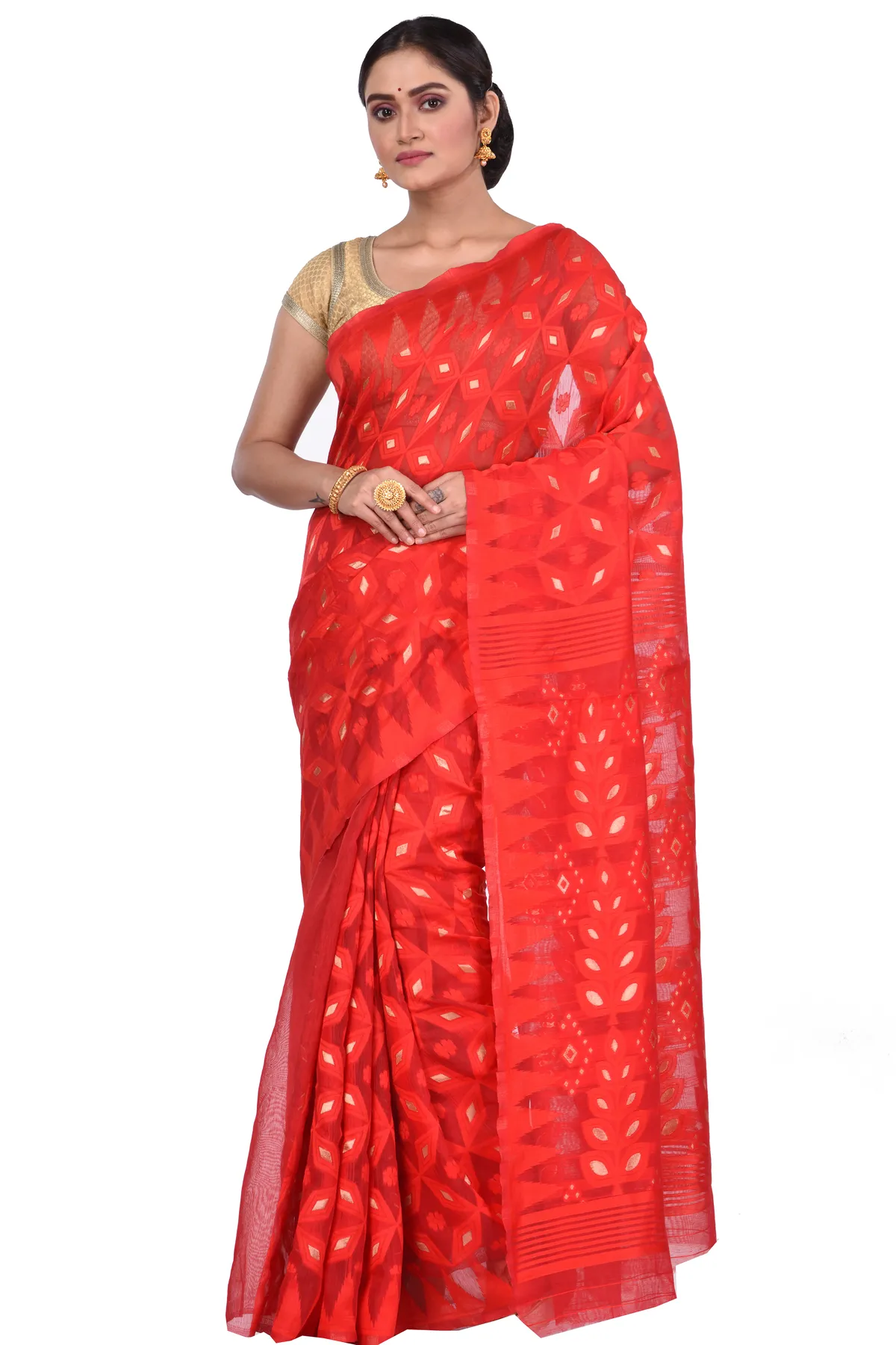 DipDiya Pure Cotton Red Minakari Jmdni Woven with Tradition Jamdani Sarees