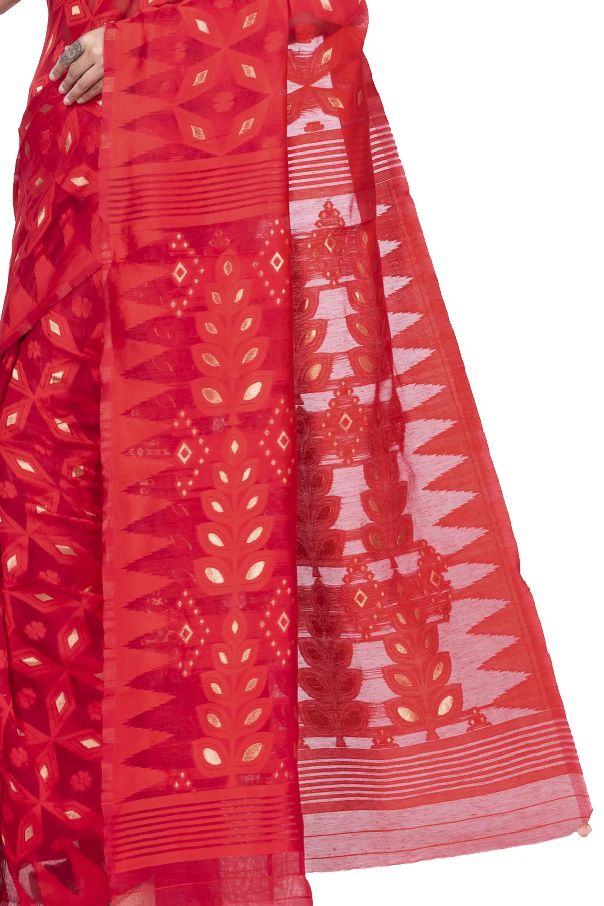 DipDiya Pure Cotton Red Minakari Jmdni Woven with Tradition Jamdani Sarees
