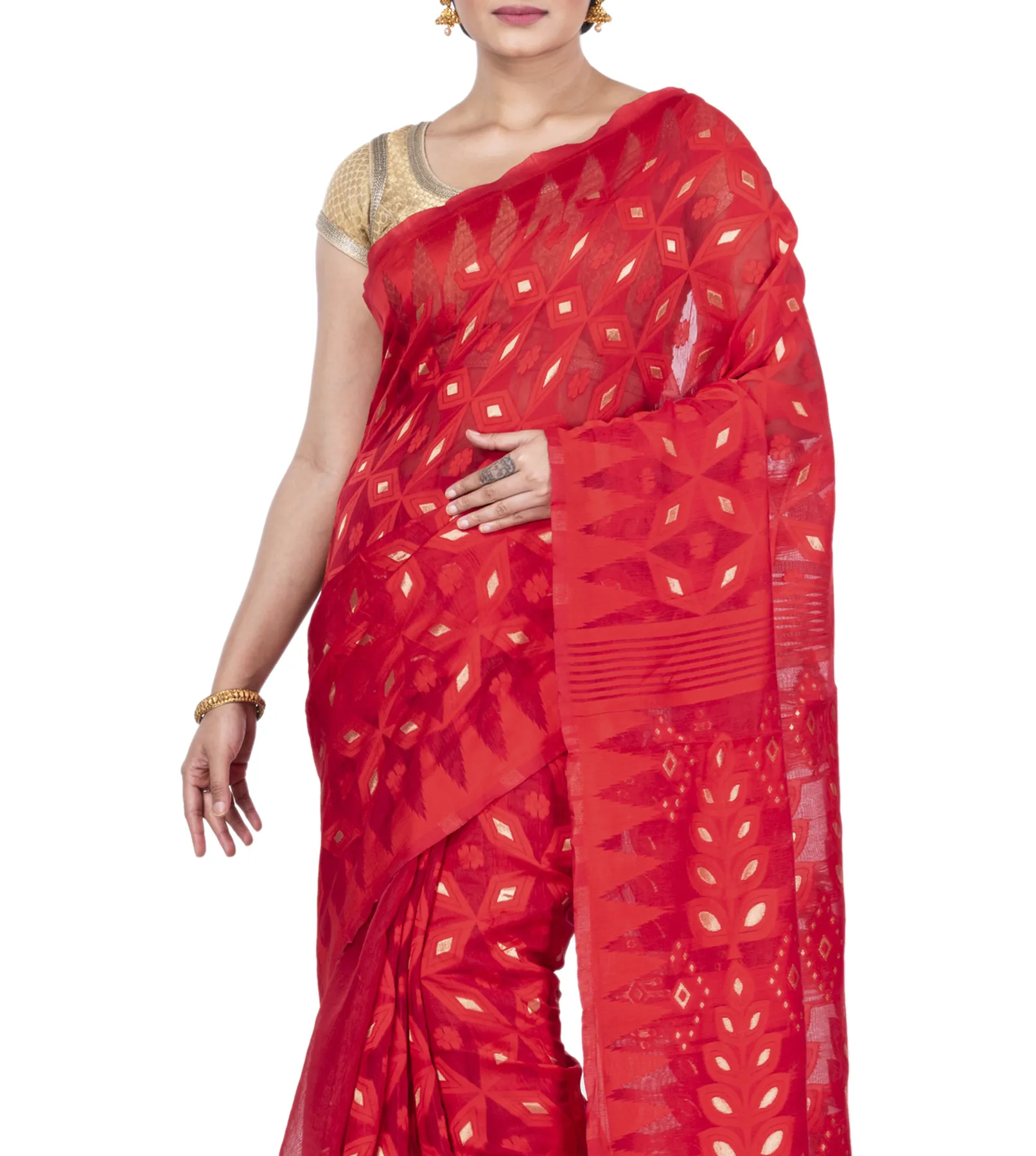 DipDiya Pure Cotton Red Minakari Jmdni Woven with Tradition Jamdani Sarees