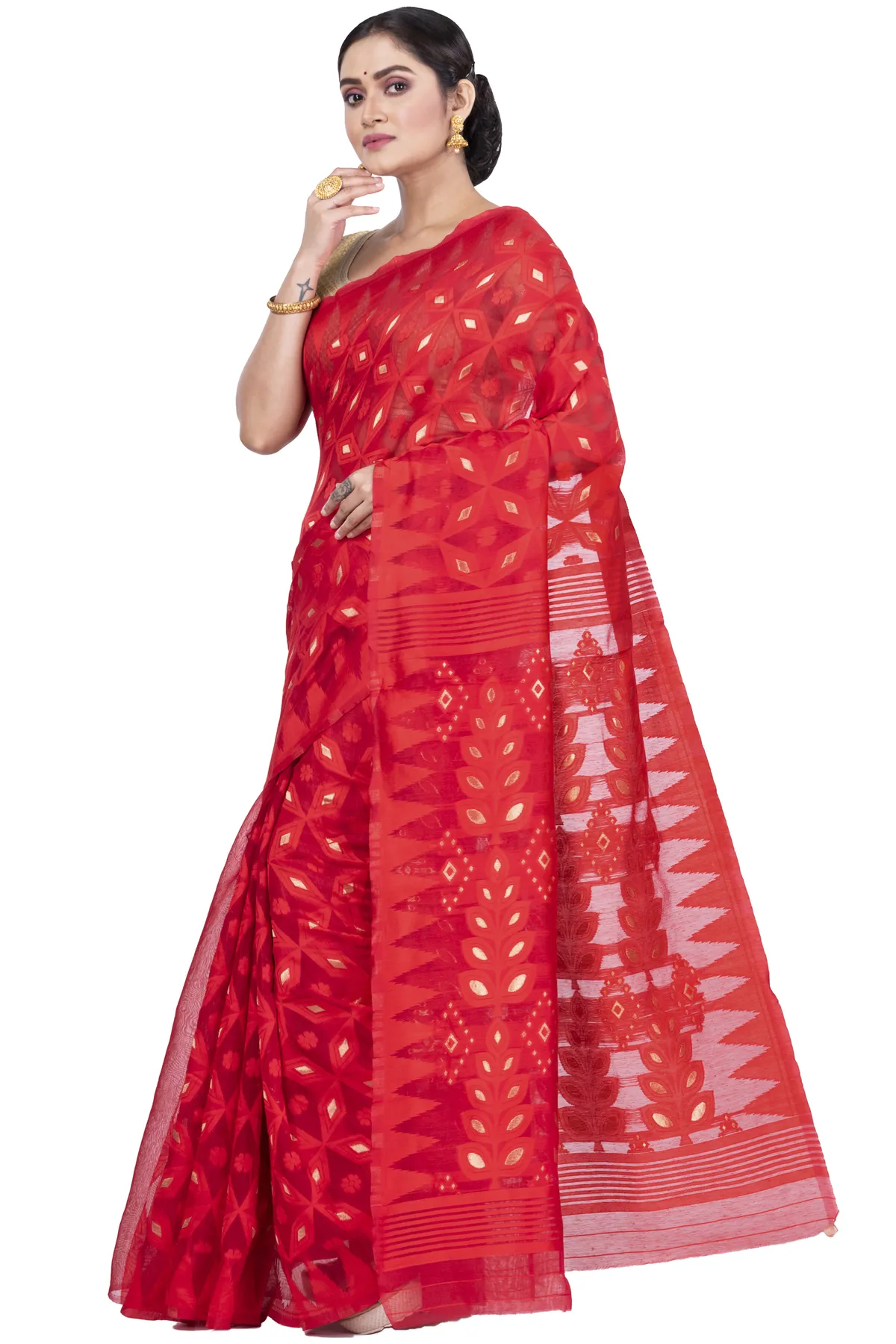DipDiya Pure Cotton Red Minakari Jmdni Woven with Tradition Jamdani Sarees