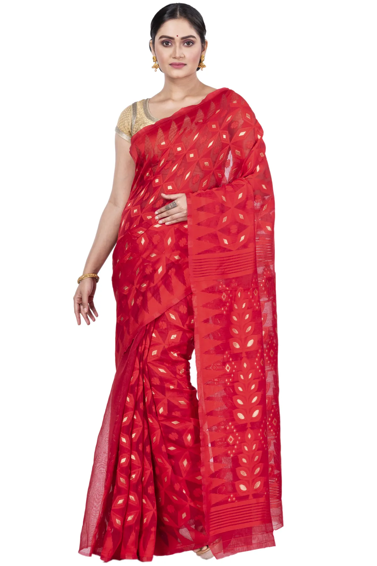DipDiya Pure Cotton Red Minakari Jmdni Woven with Tradition Jamdani Sarees