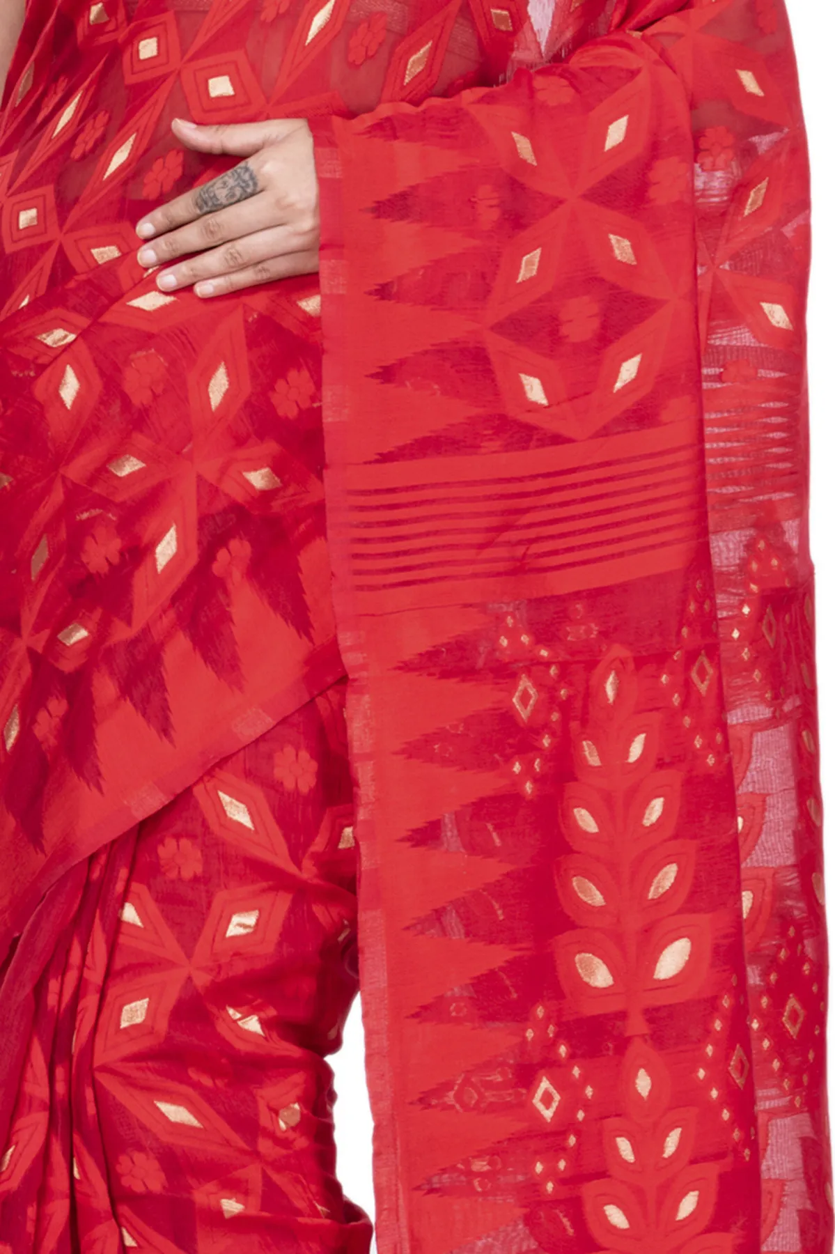 DipDiya Pure Cotton Red Minakari Jmdni Woven with Tradition Jamdani Sarees