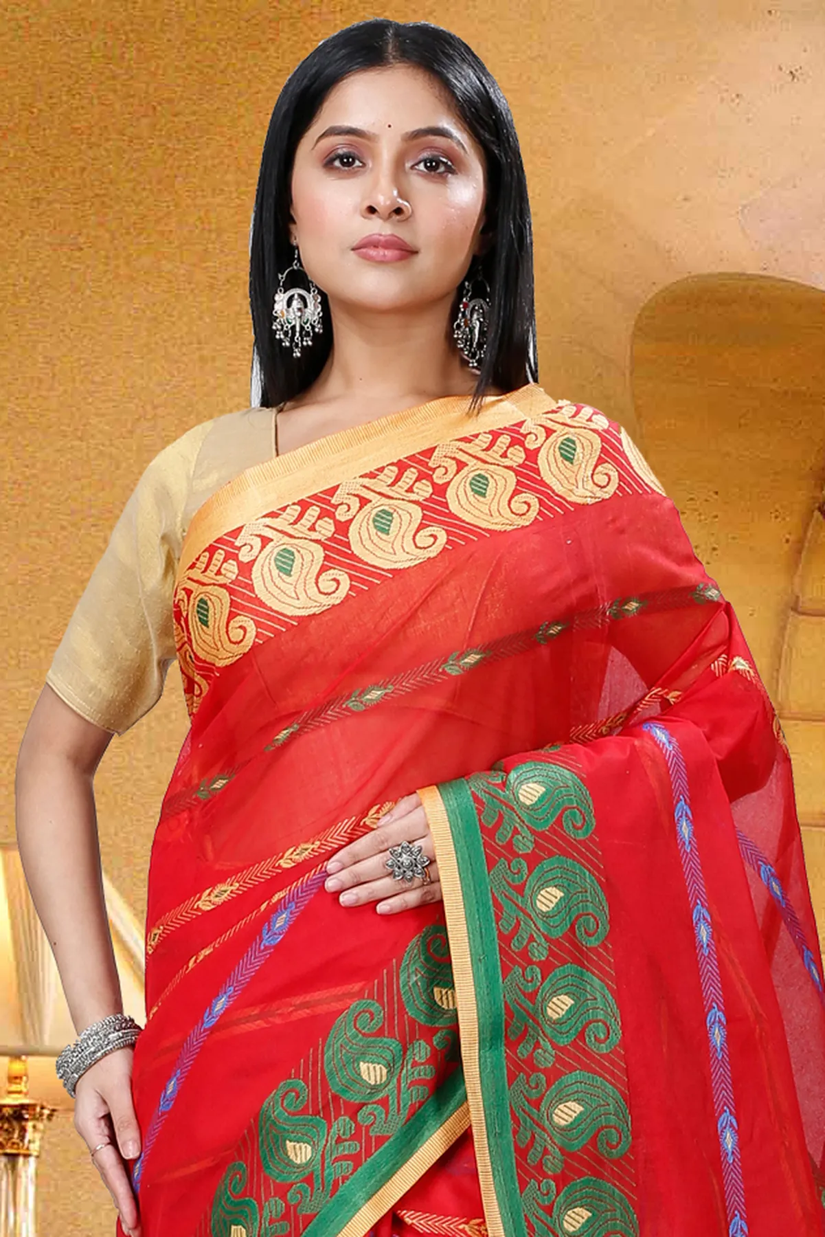 DipDiya Pure Cotton Red Nehan Handloom Heritage Tant Sarees