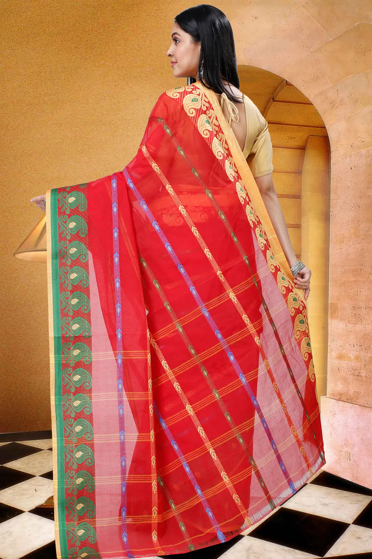 DipDiya Pure Cotton Red Nehan Handloom Heritage Tant Sarees