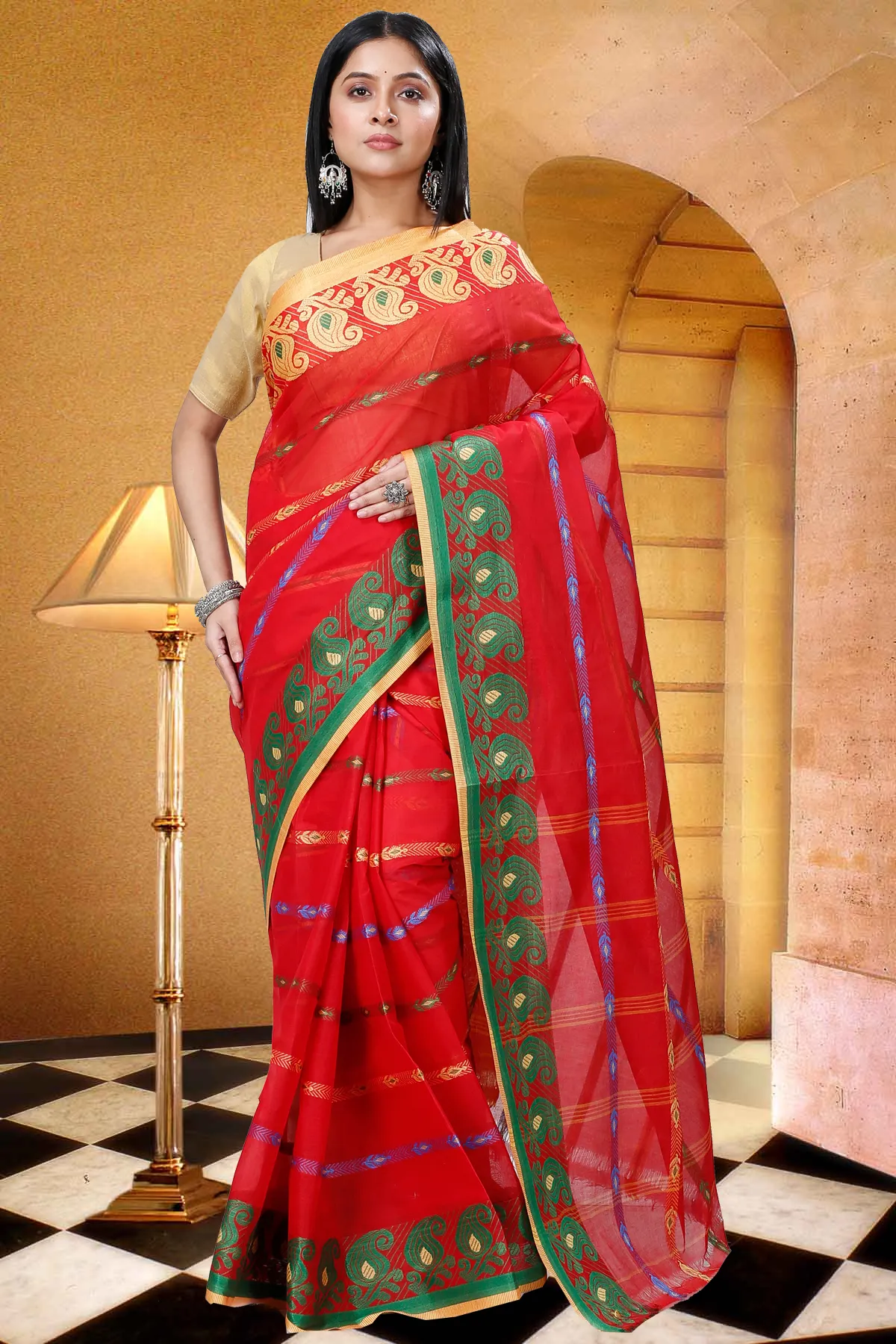 DipDiya Pure Cotton Red Nehan Handloom Heritage Tant Sarees