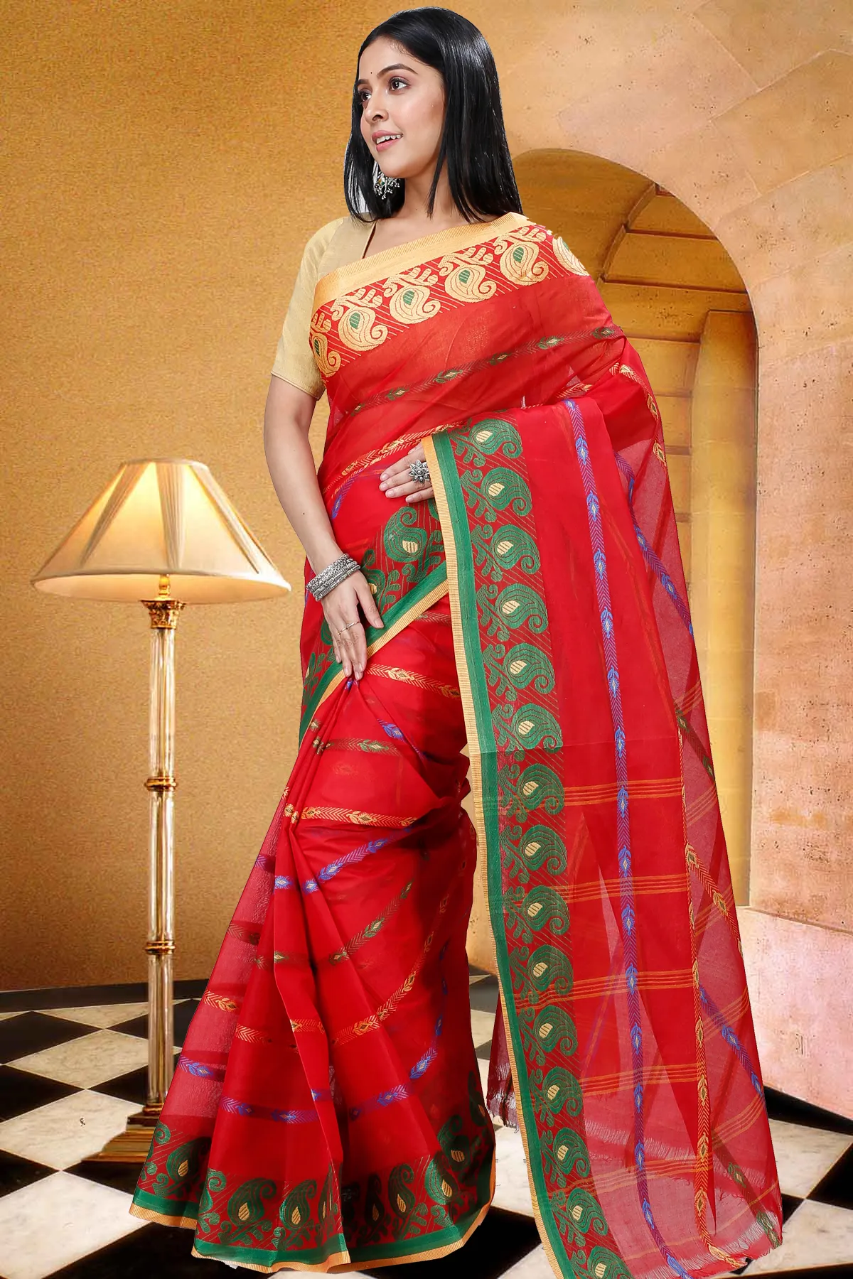 DipDiya Pure Cotton Red Nehan Handloom Heritage Tant Sarees