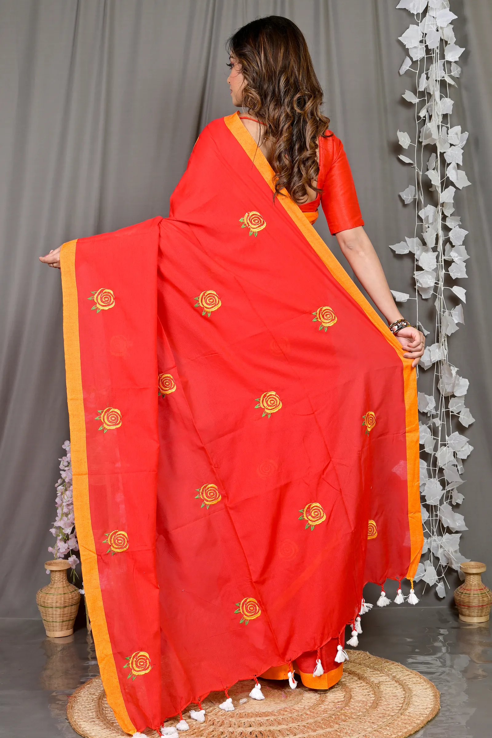 DipDiya Pure Cotton Red Parag Traditional Bengali Embroidery Handloom sarees