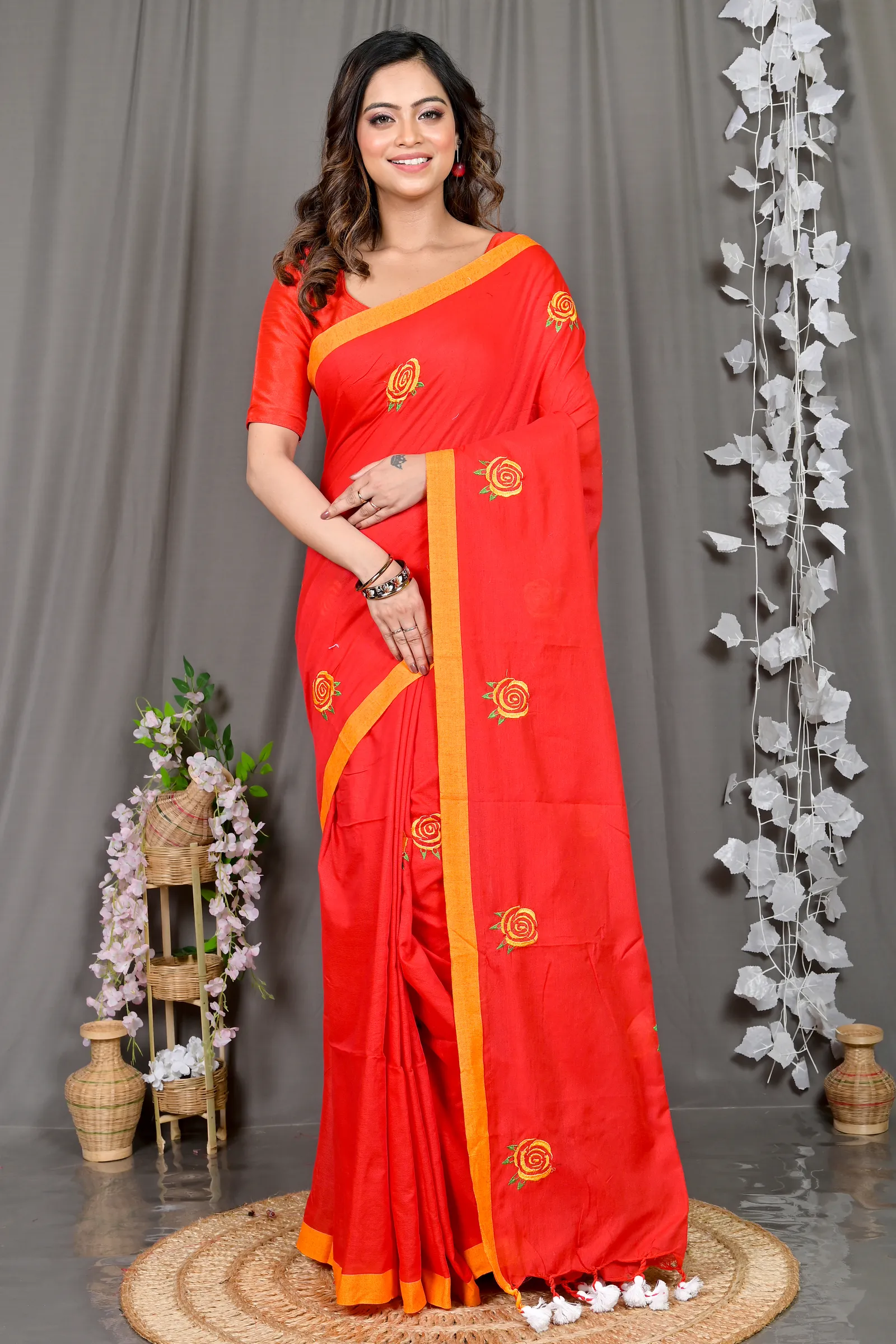 DipDiya Pure Cotton Red Parag Traditional Bengali Embroidery Handloom sarees