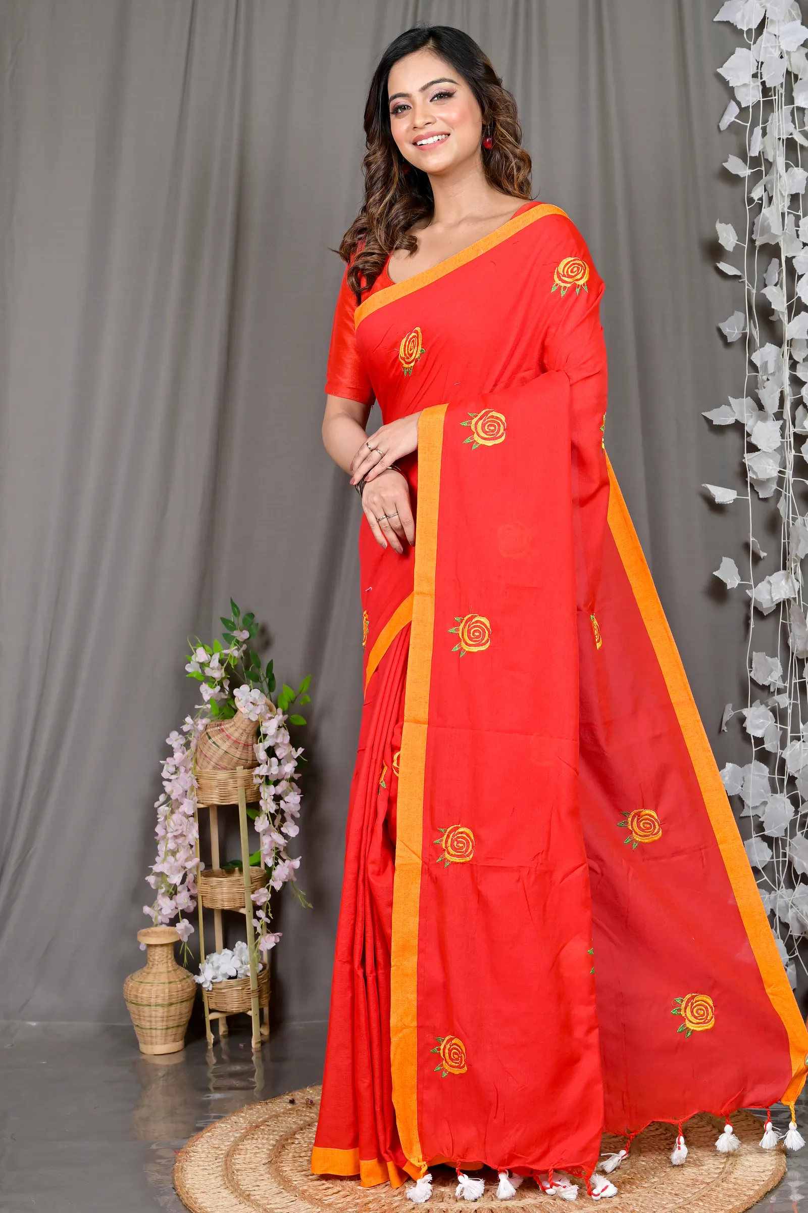 DipDiya Pure Cotton Red Parag Traditional Bengali Embroidery Handloom sarees