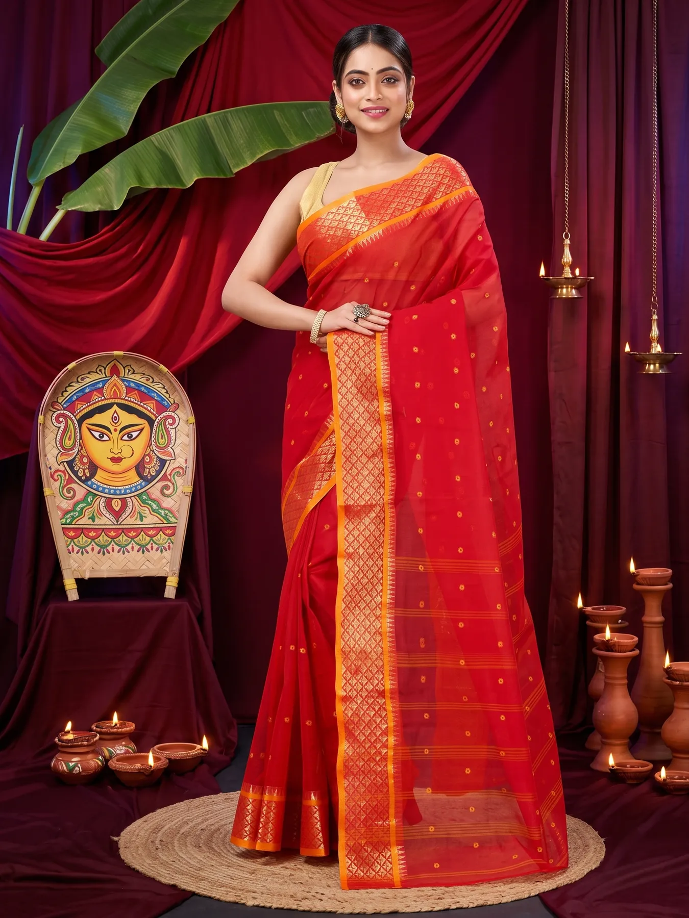 DipDiya Pure Cotton Red Peral Crafted with Soul Tant Sarees